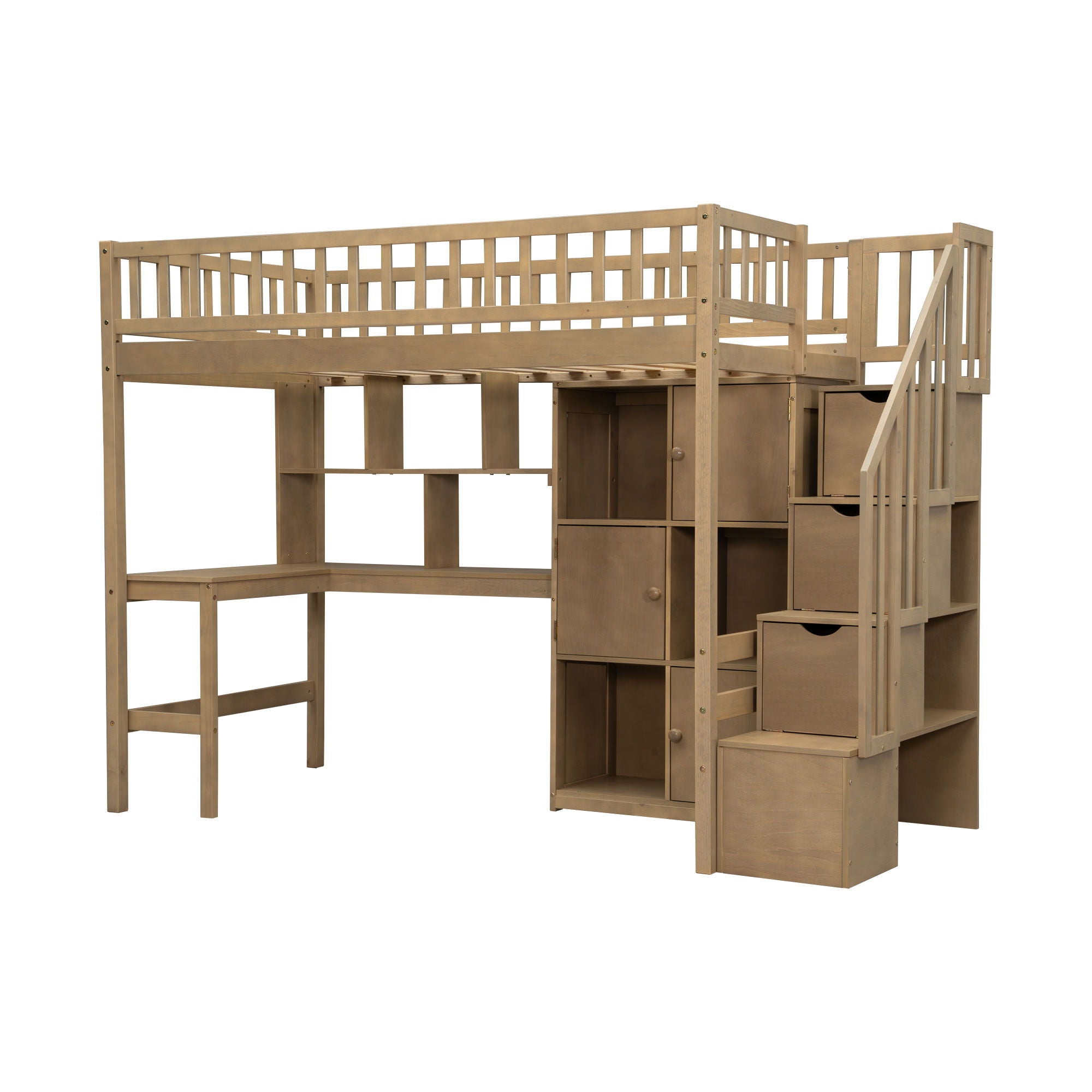 Loft Bed With Built In L Shaped Desk, LED Lights, Storage Shelves, Cabinets, And Staircase