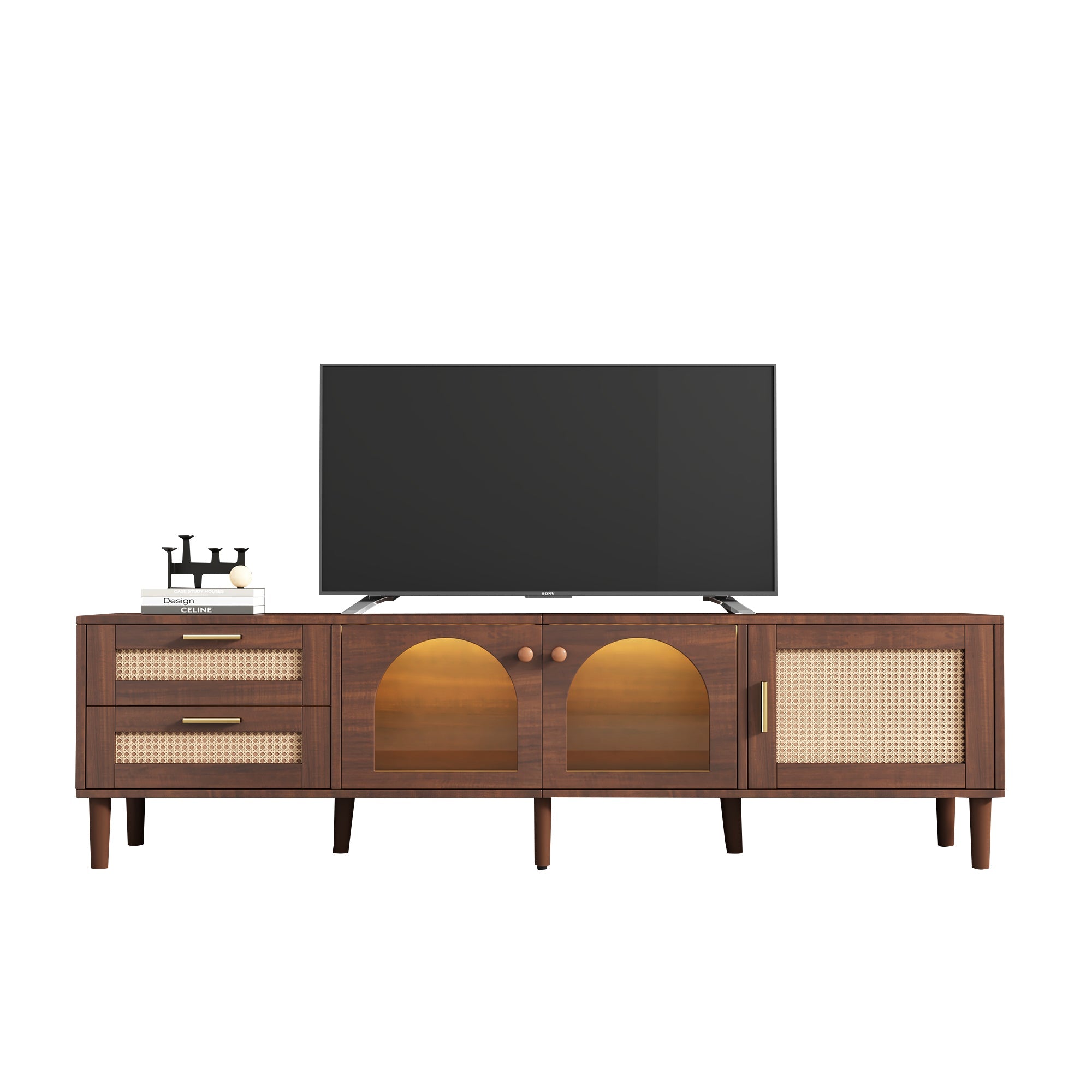 Rattan TV Stand with 3 Cabinets & 2 Drawers