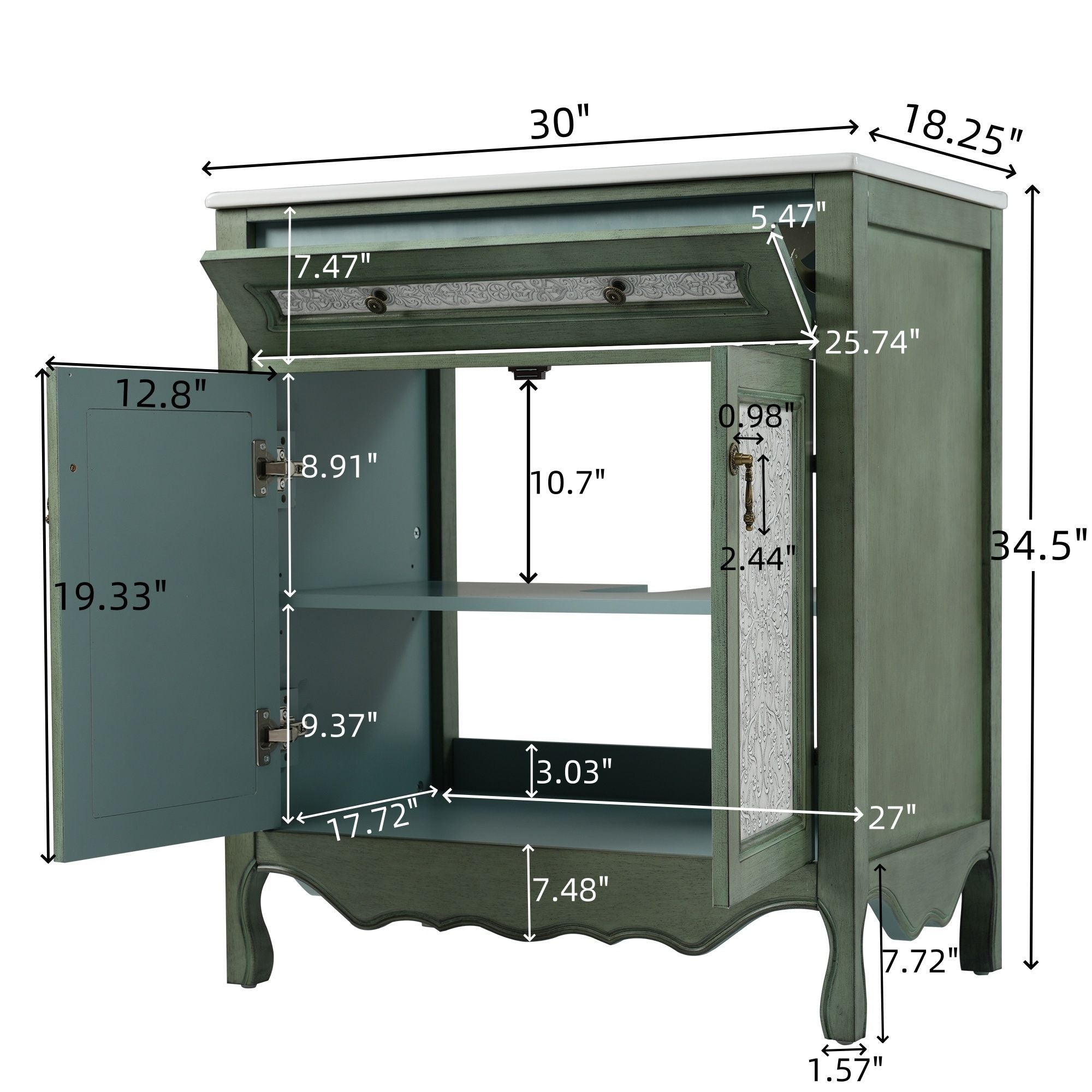 Bathroom Vanity With Rectangle Sink, Tip Out Tray - Antique Blue Green