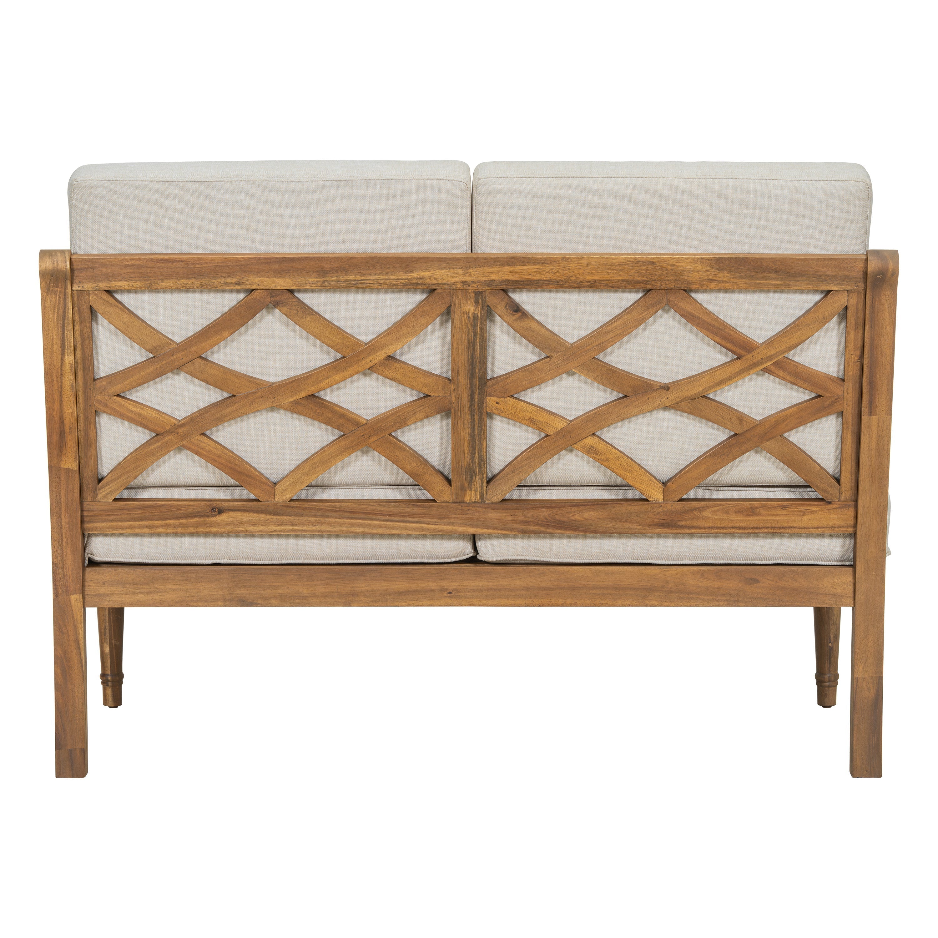 Outdoor Acacia Wood Loveseat with Cushions, Natural Finish with Beige Fabric