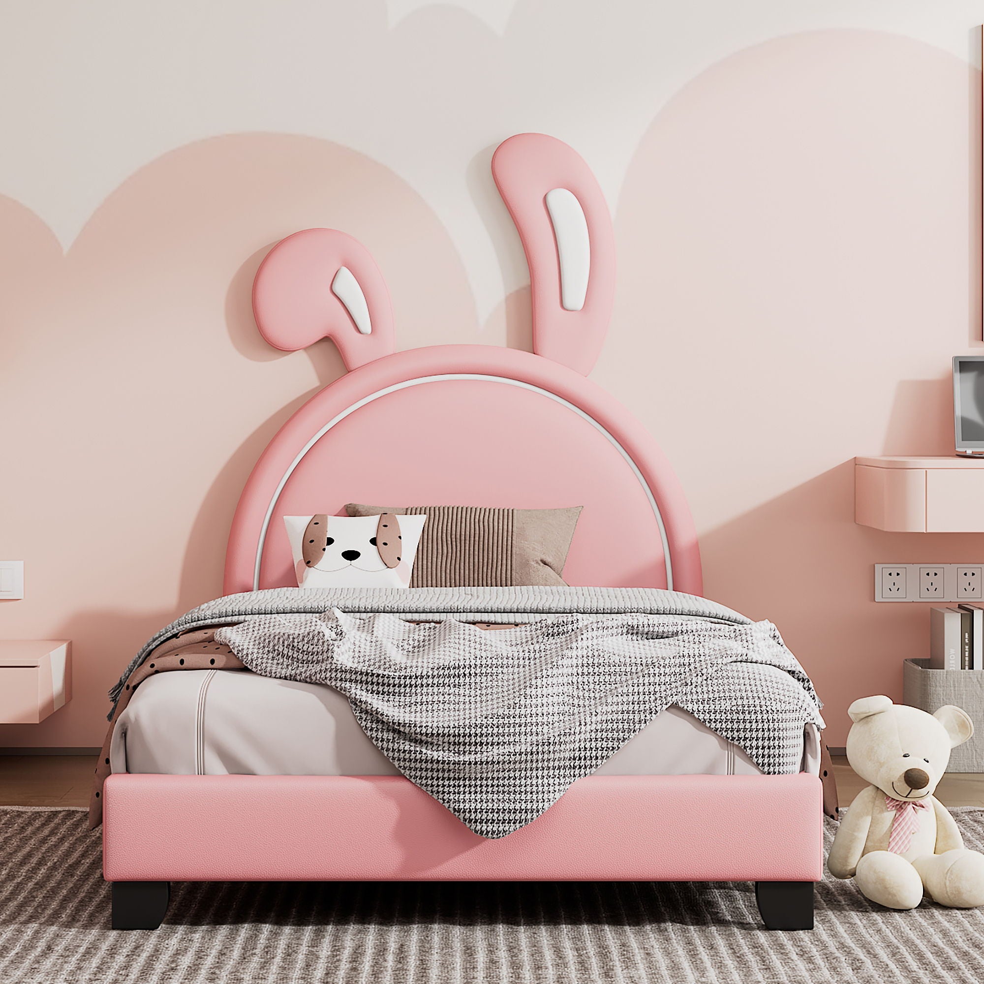 Upholstered Leather Platform Bed With Rabbit Ornament
