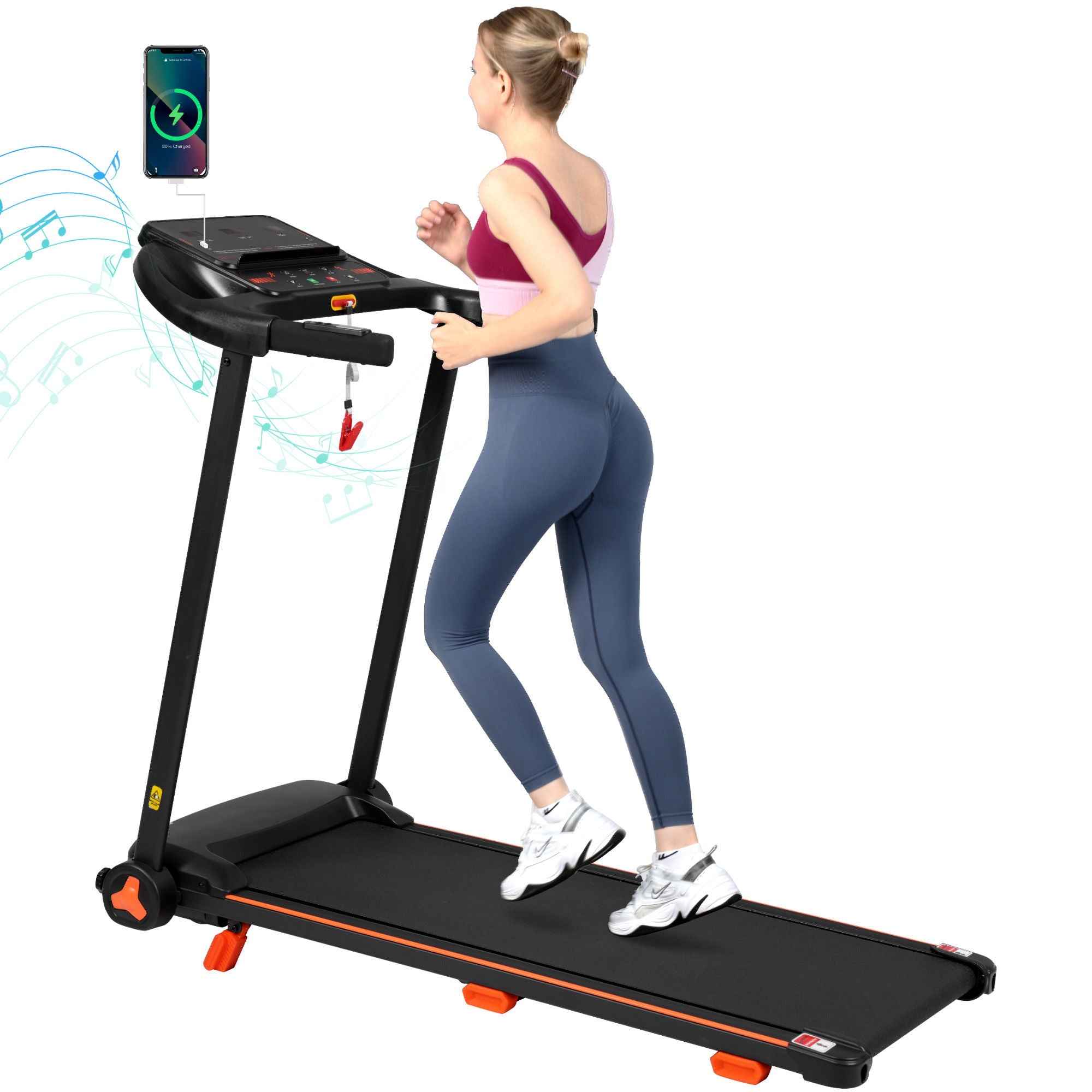 2.5Hp Quiet Folding Treadmill With Heart Rate Sensor, 300Lbs Weight Capacity, With USB Charge Station For Android & Bluetooth Speaker, 6 Shock Absorbing - Black