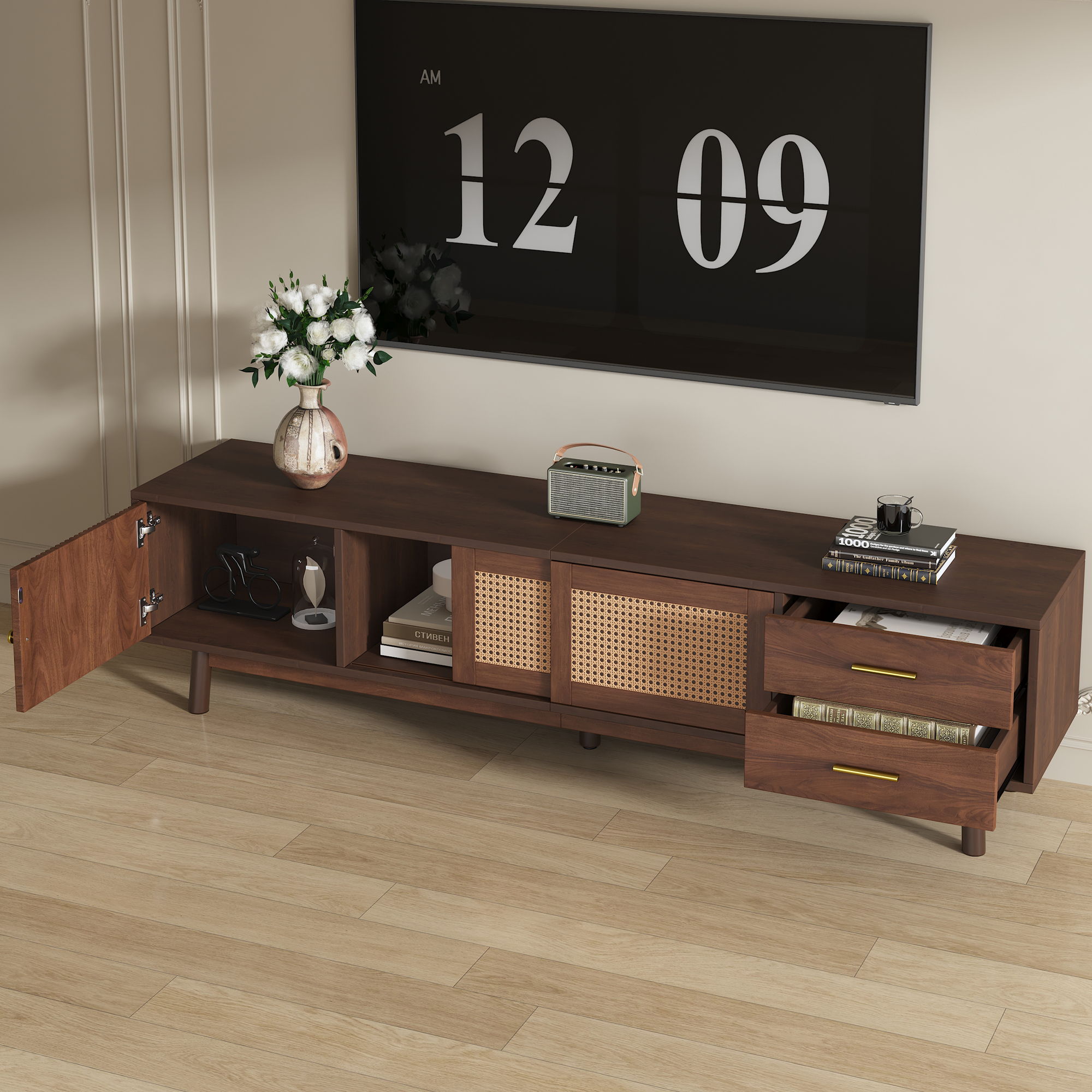 TV Stand For 80" TVs With Sliding Doors And Drawers, Accent Storage Unit - Dark Brown