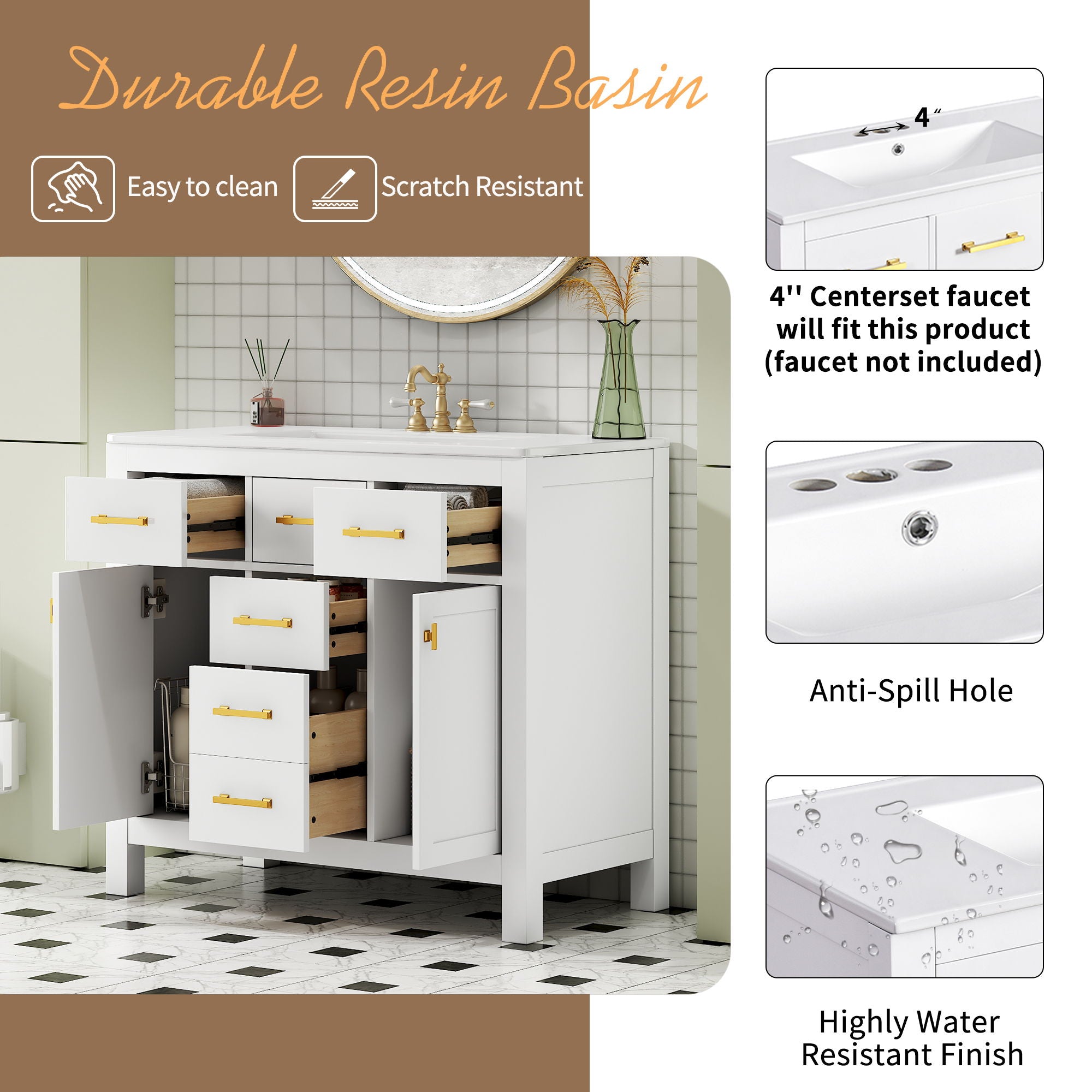Bathroom Vanity With Sink Combo Set, Modern Bathroom Cabinet With 4 Drawers