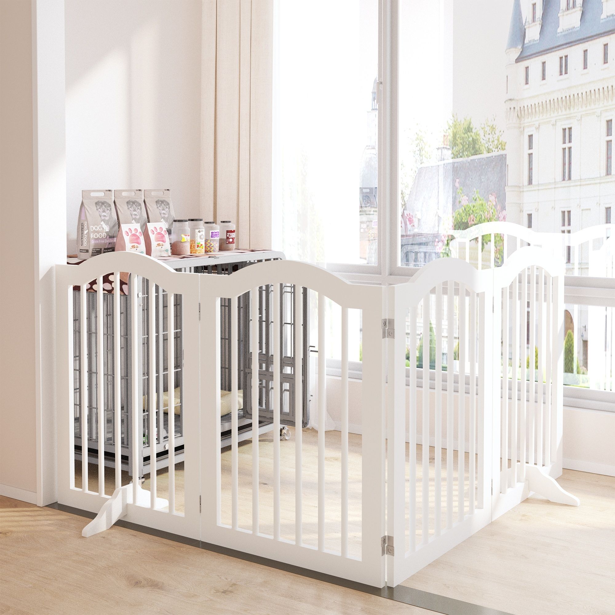 4 Panel Freestanding Pet Gate With Foldable Design And Support Feet - White