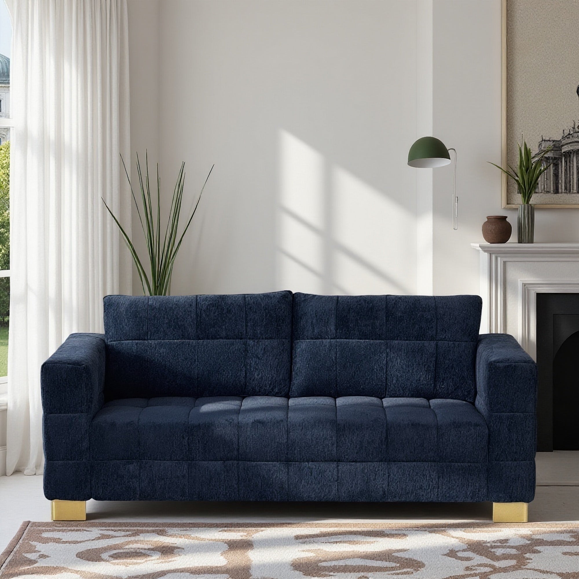 Retro Blue Chenille Upholstered 3-Seater Couch with Stainless-Steel Legs