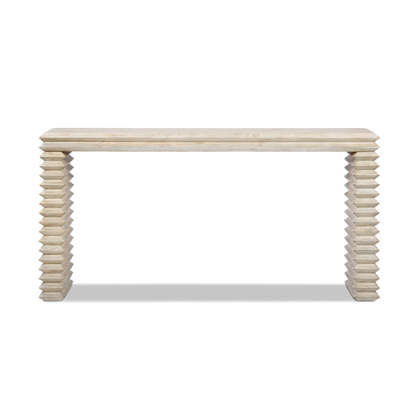 Veda 63' Reclaimed Wood Stacked Geometric Waterfall Console Table, Whitewashed Natural Reclaimed Pine Wood