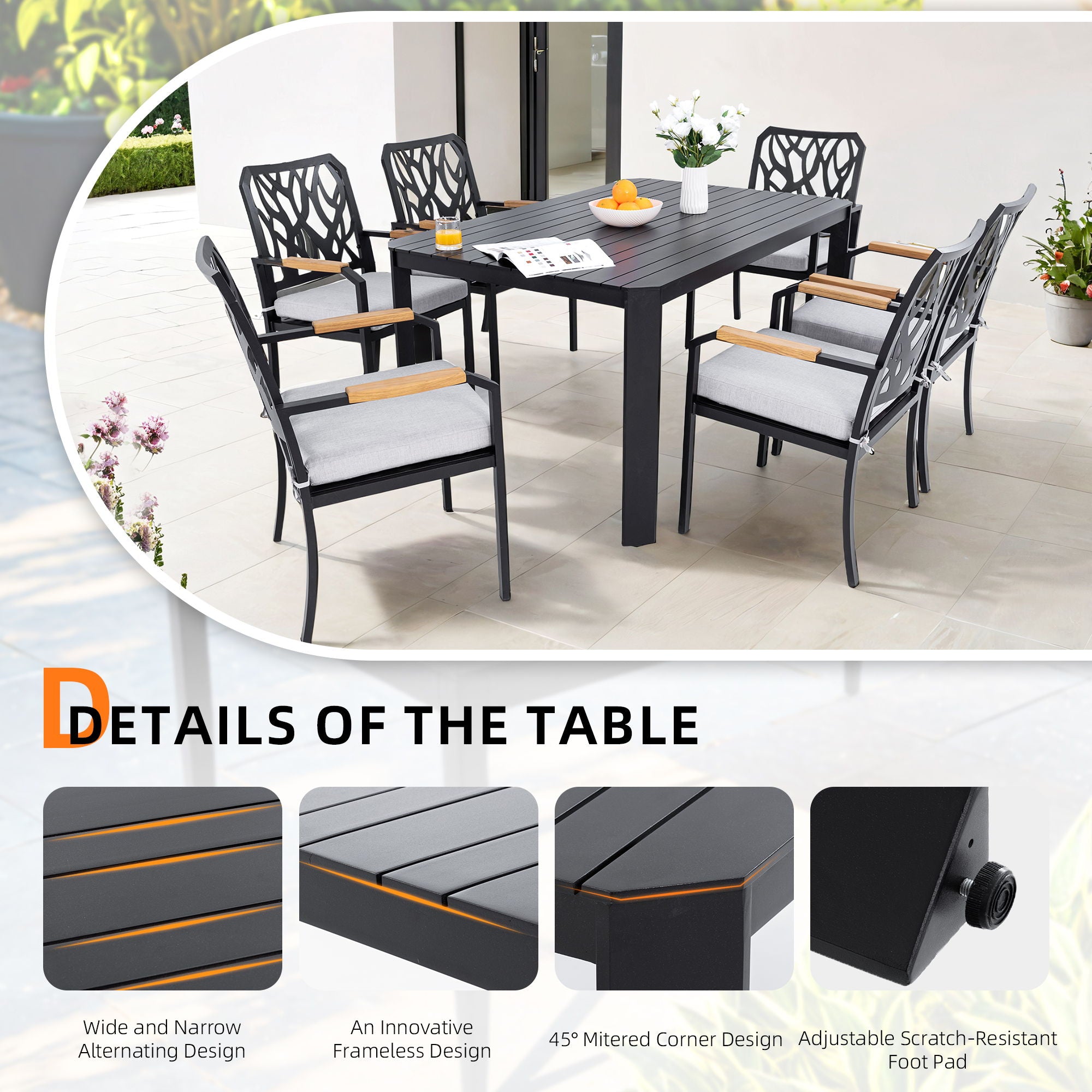 Modern Outdoor Table With Alternating Wide And Narrow Slats, Angled Corners, 2" Big Umbrella Hole, And Adjustable Non Slip Pads - Bourbon Brown