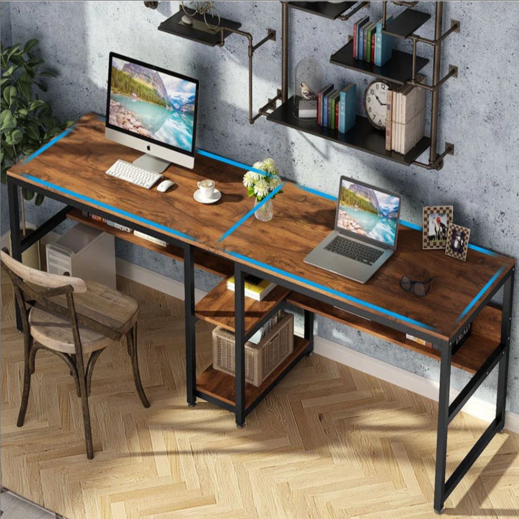 Double Desk For 2 With Bookshelves, 2 Person Workstation With Storage - Brown / Black