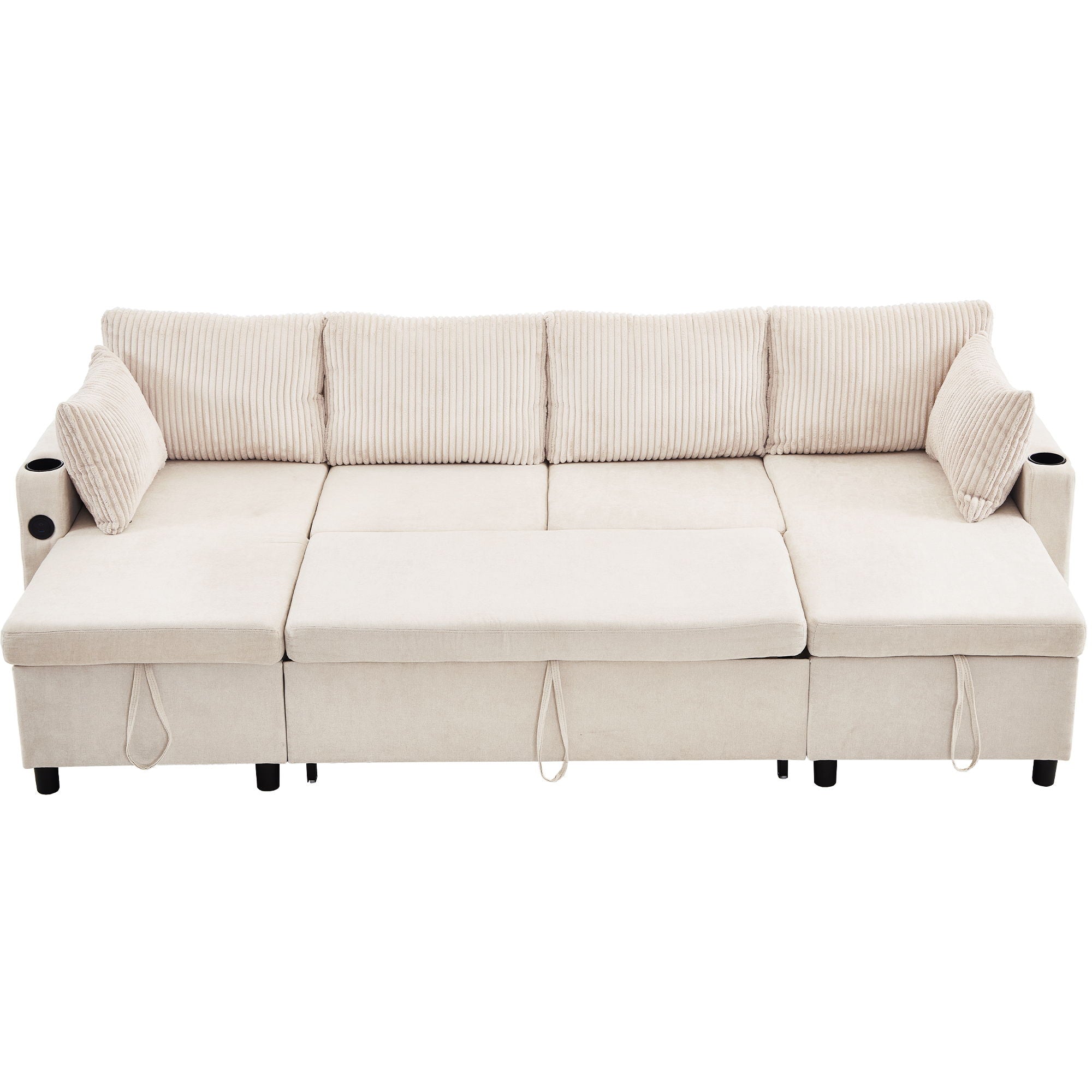 Sectional Sofa Bed With Pull Out Sleeper, USB Ports, Cup Holders