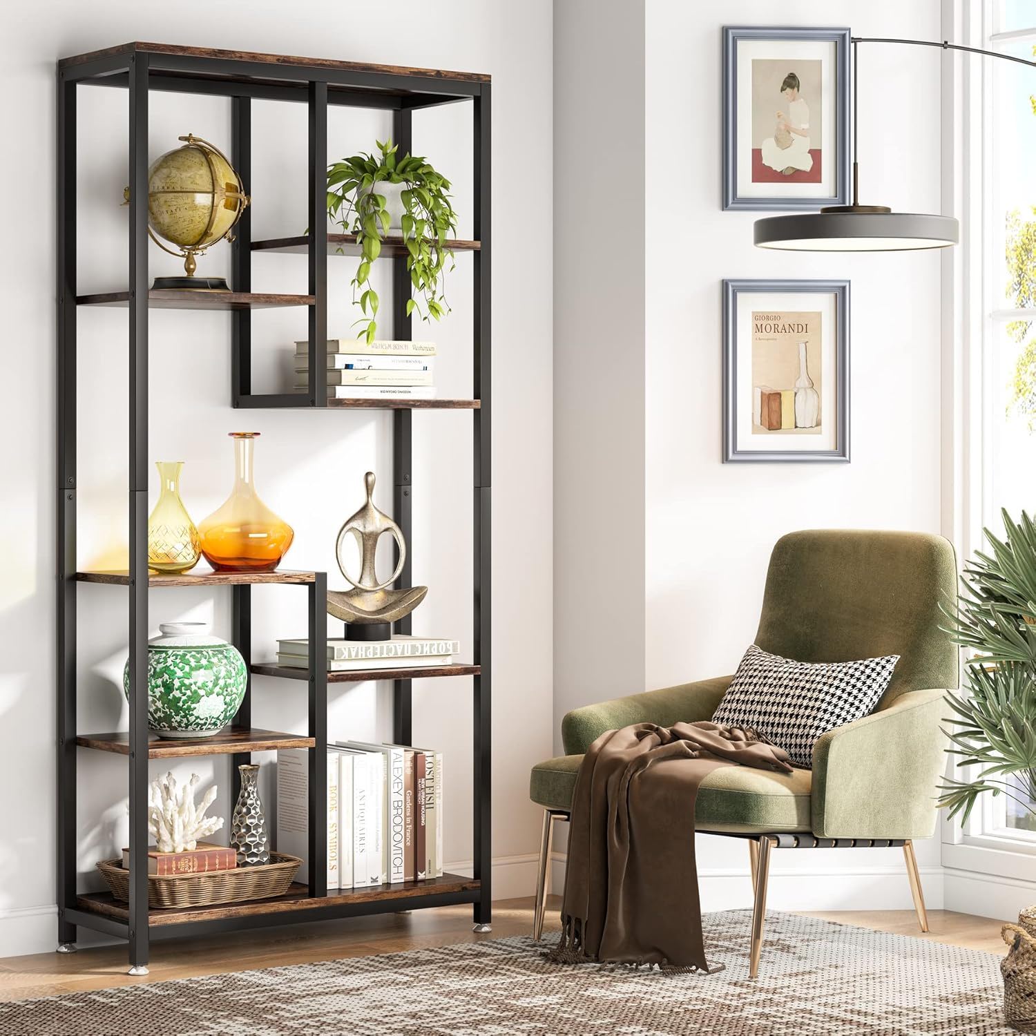 6 Tier, 8 Shelf Etagere Bookcase Storage Display Rack For Living Room - Rustic Brown