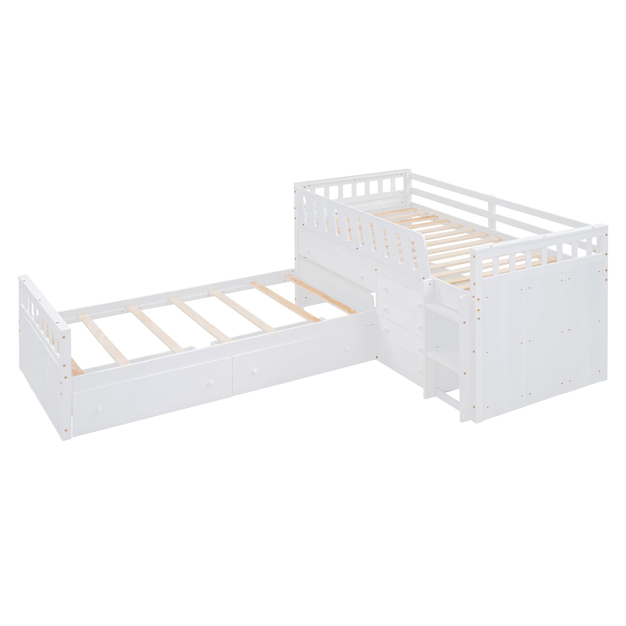 Loft Platform Bed With 7 Drawers And Full Guardrails, Modern L Shaped Space Savin