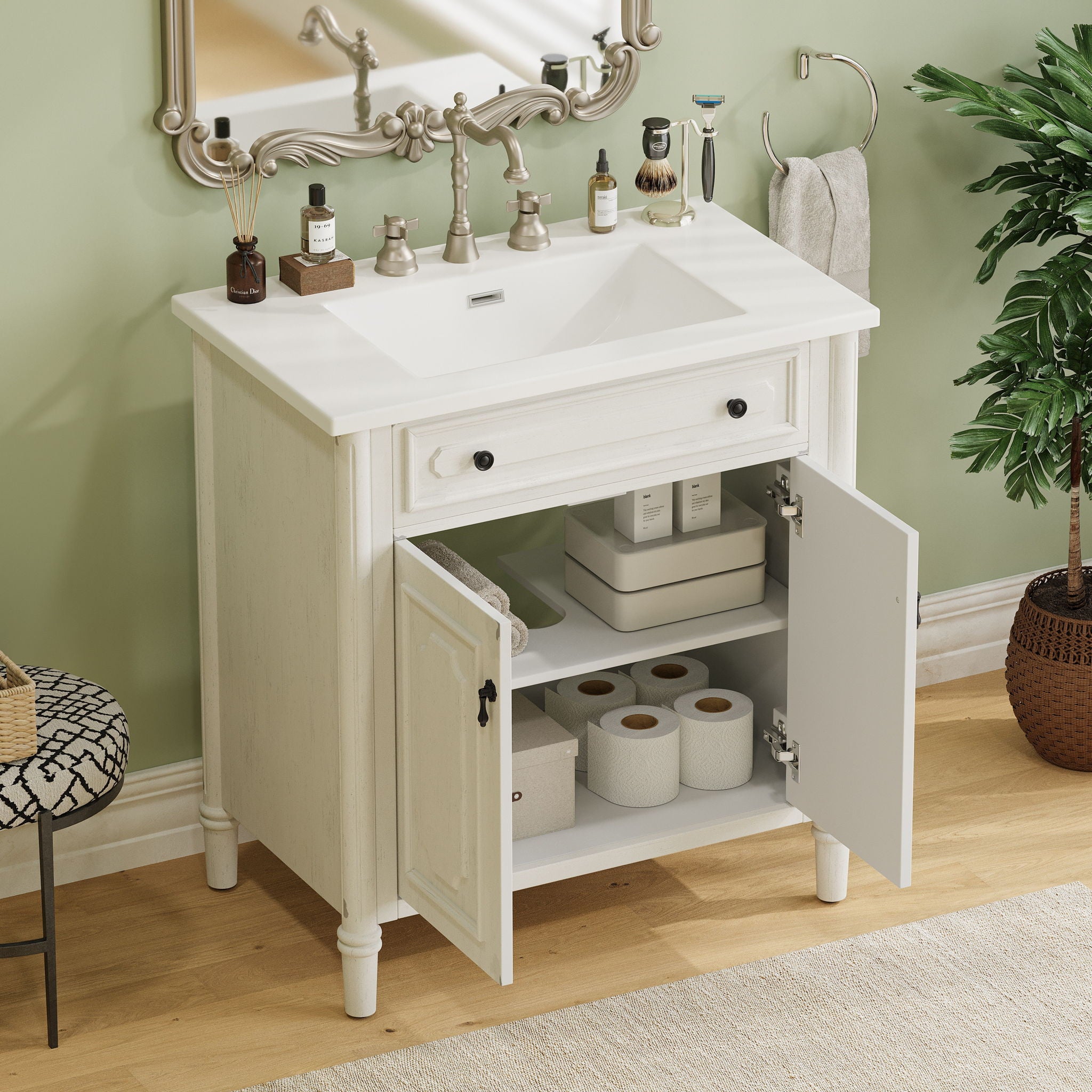 Vintage Bathroom Vanity With Sink, Rustic Cabinet With Soft Close Doors