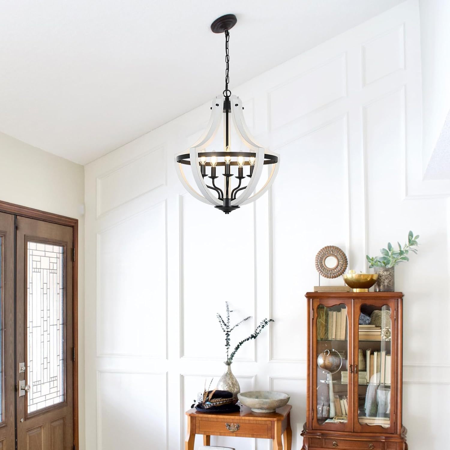 5-Light Convertible White Wood Farmhouse Chandelier