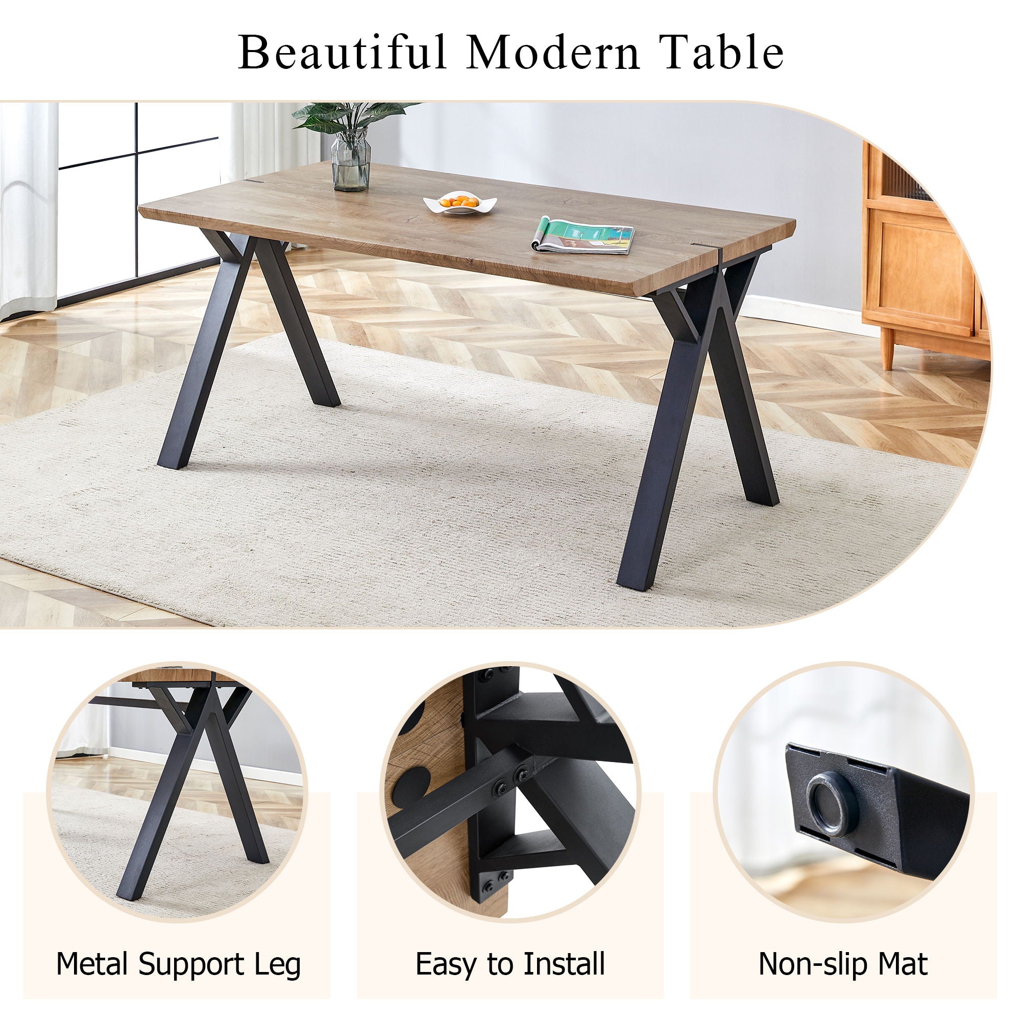 Wood Textured Dining Table With A Frame Legs.Density Board Sticker Pipe Spraying, Suitable For Various Occasions Such As Living Rooms - Black