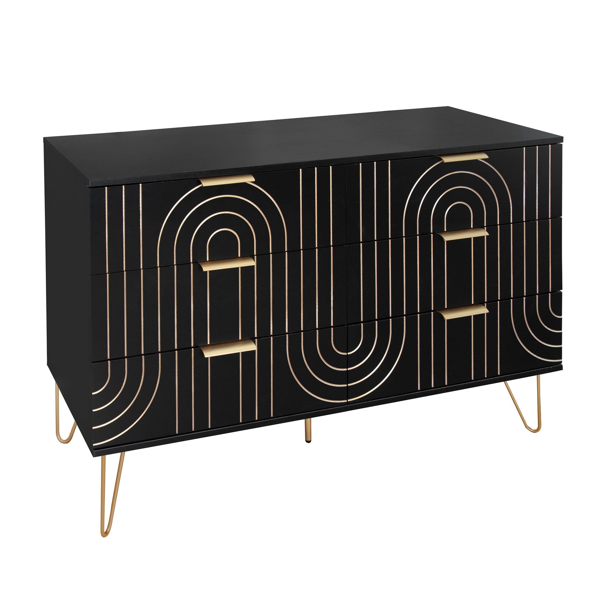 Modern 6 Drawer Dresser, Modern Dresser With Metal Handles, Storage Chest Of Drawer, Wide Dresser Drawer Organizers With Carving Design For Bedroom, Living Room, Hallway - Black