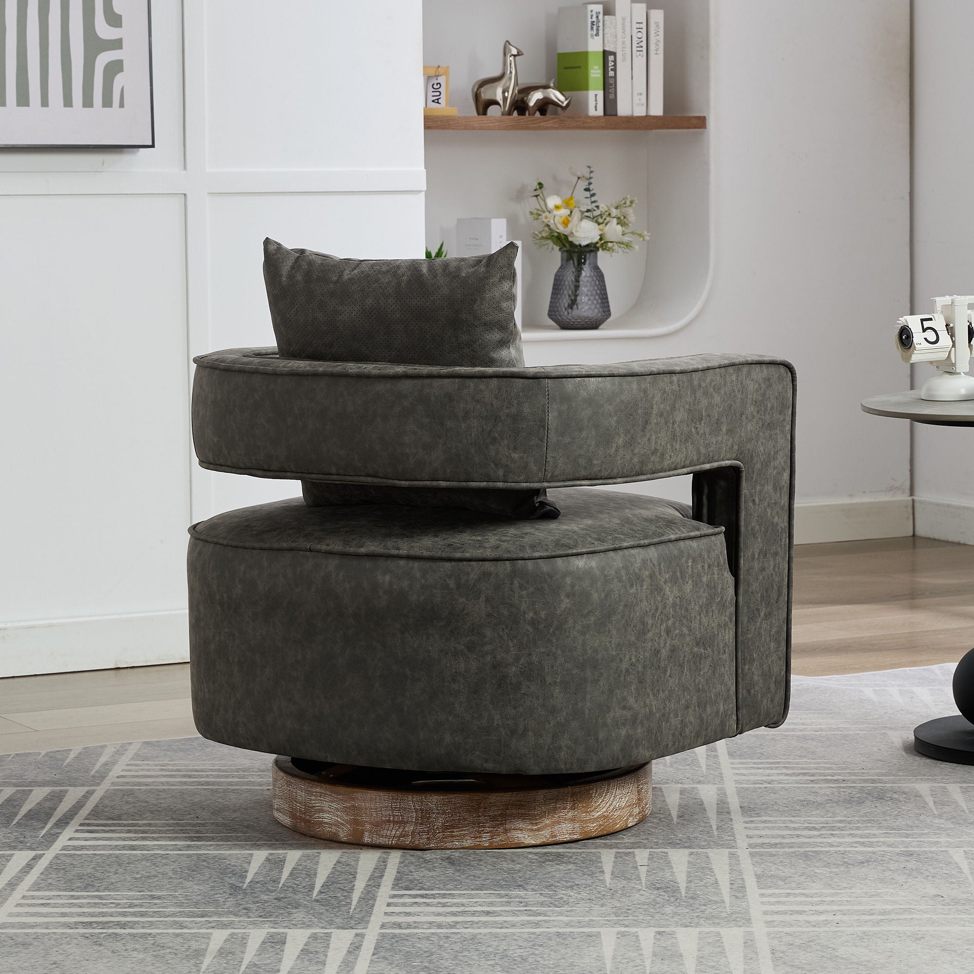 Swivel Accent Open Back Barrel Chair With Weathered Base