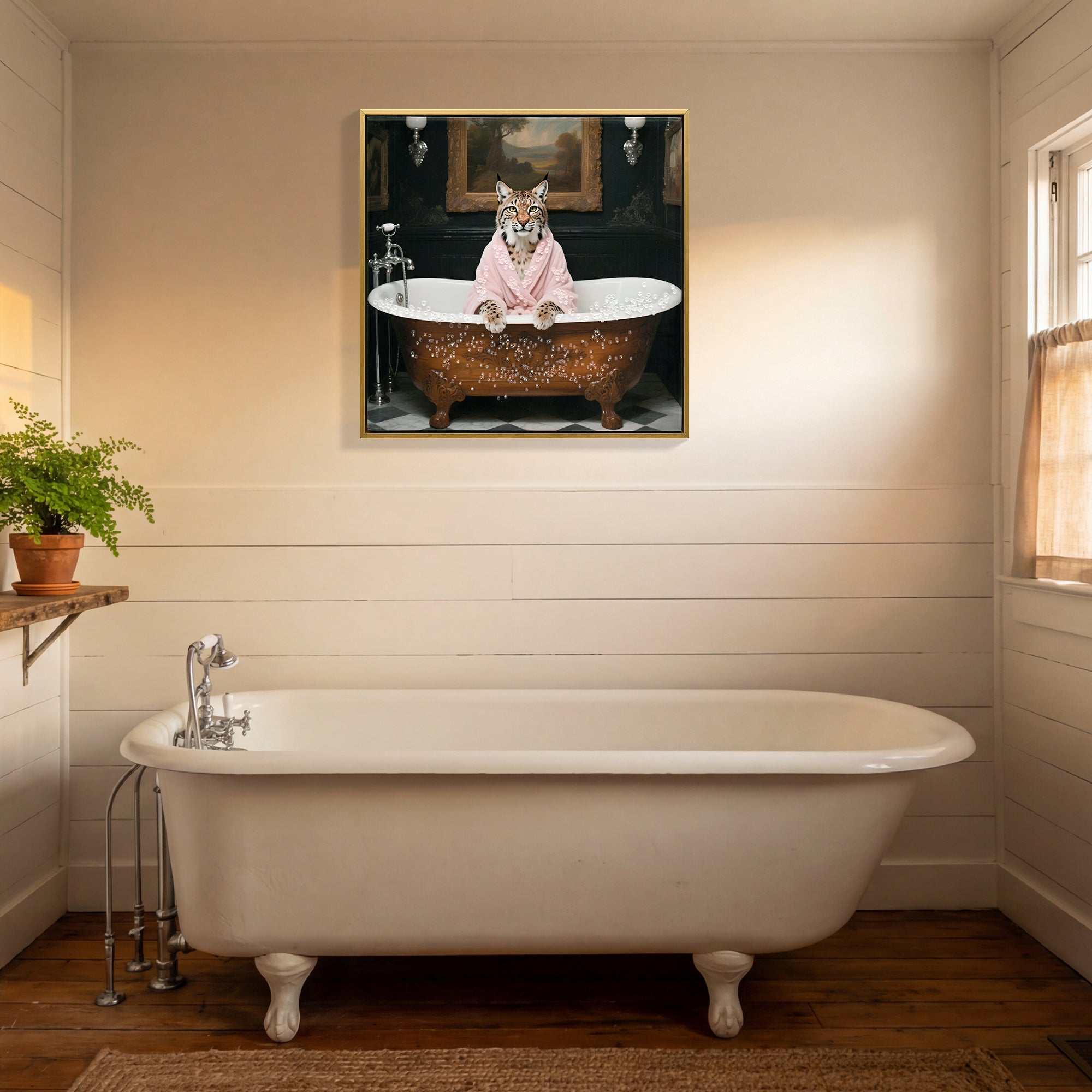 Tiger in Bathtub Wall Art Print Poster, Bathroom Decor Posters Prints for Restroom Home Picture Painting Artwork Gallery 1 (Tiger, 16 x 16 inches, Wood Frame)