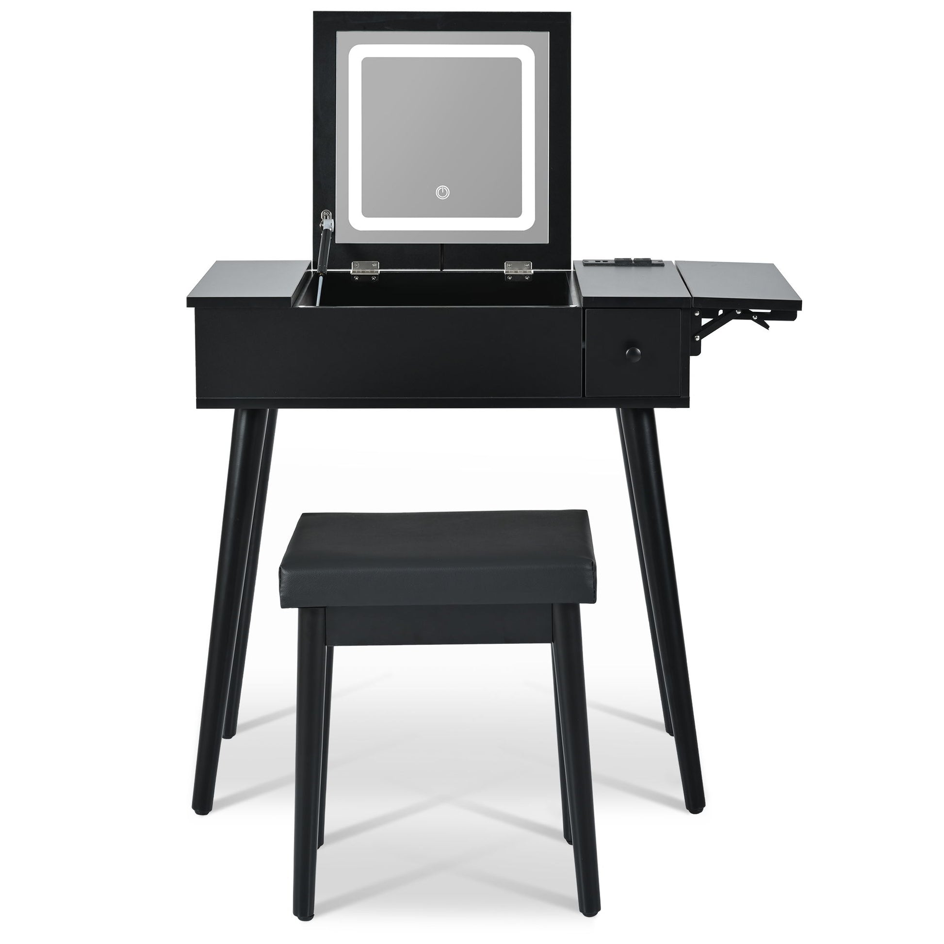 Makeup Vanity Desk With Flip Top Mirror And LED Light, Dressing Table With Charging Station, 2 Drawers And Fold Up Panel, Vanity Set With Cushioned Stool For Bedroom - Black - Best Buy Furniture