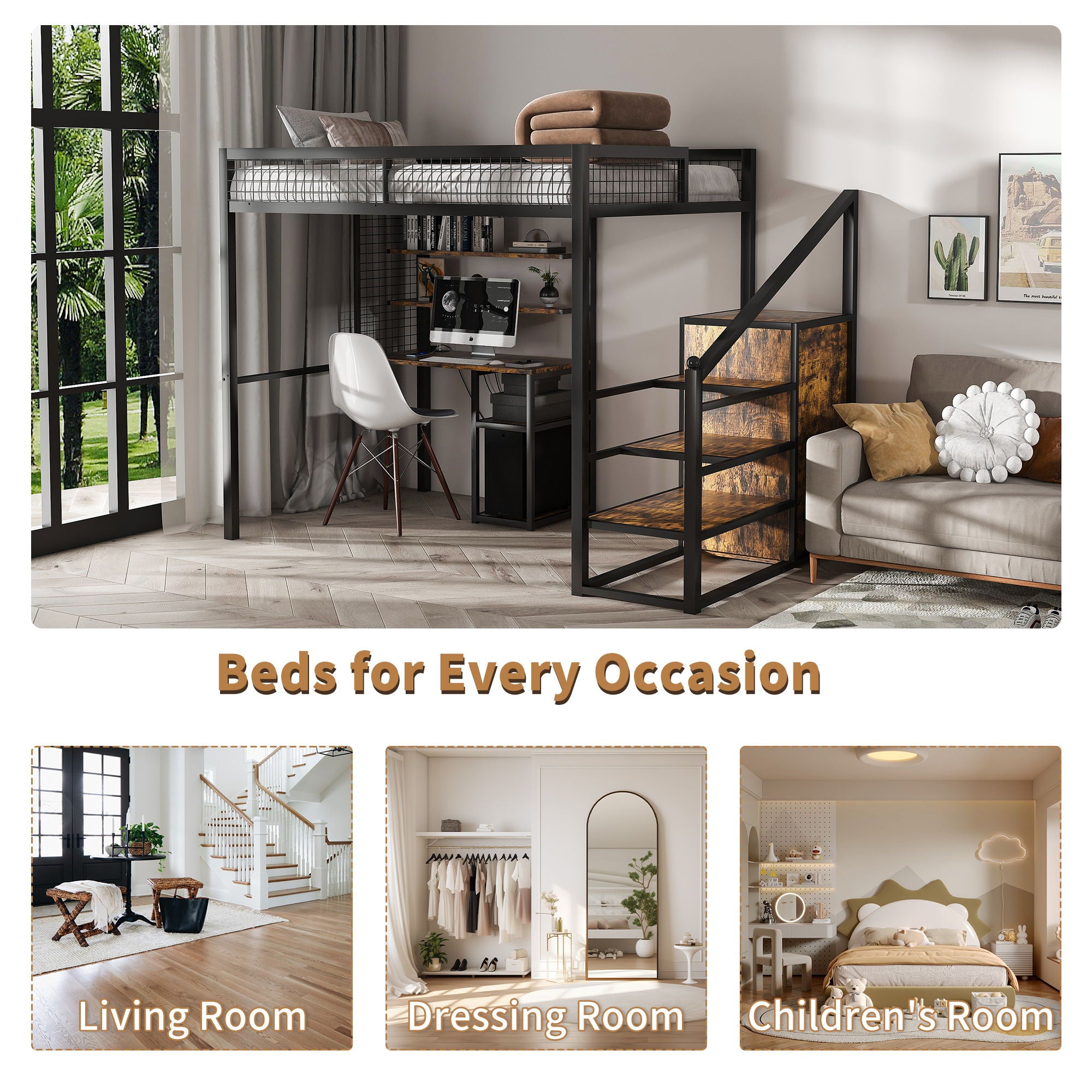 Full Size Loft Bed With Desk & Wardrobe Heavy Frame, Built In Staircase, Storage Rack & Shelves Gaming Bed - Black - Best Buy Furniture