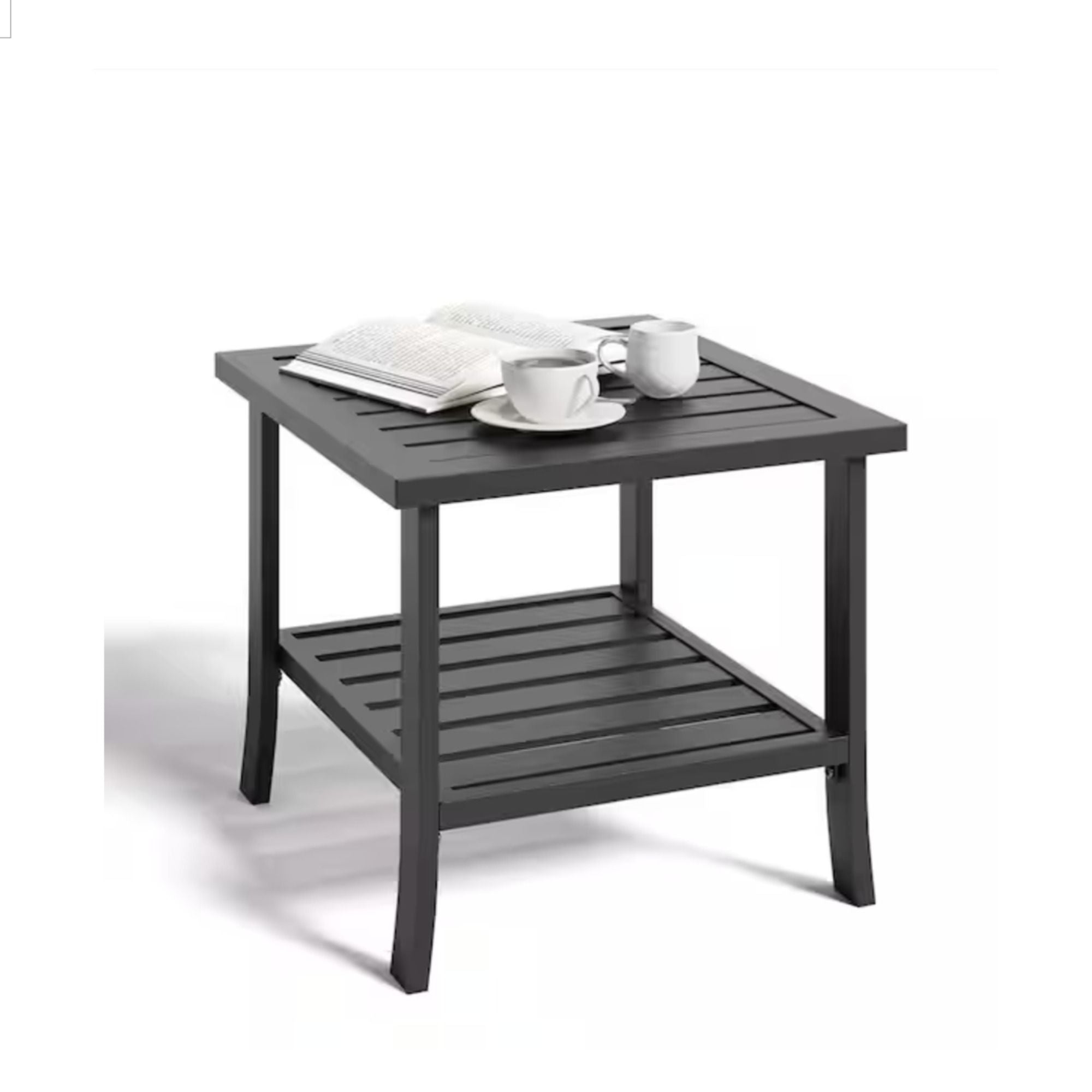 Square 2 Tier All-Weather Outdoor Side Table With Slatted Top