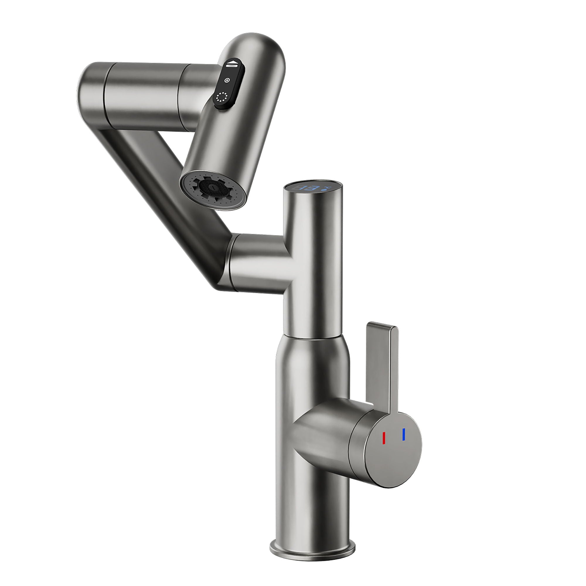 Bathroom Sink Faucet With Spray Function, Temperature Display, Anti Skid Switch, Hot & Cold, 360 Degree Rotary, Brass - Gun Gray