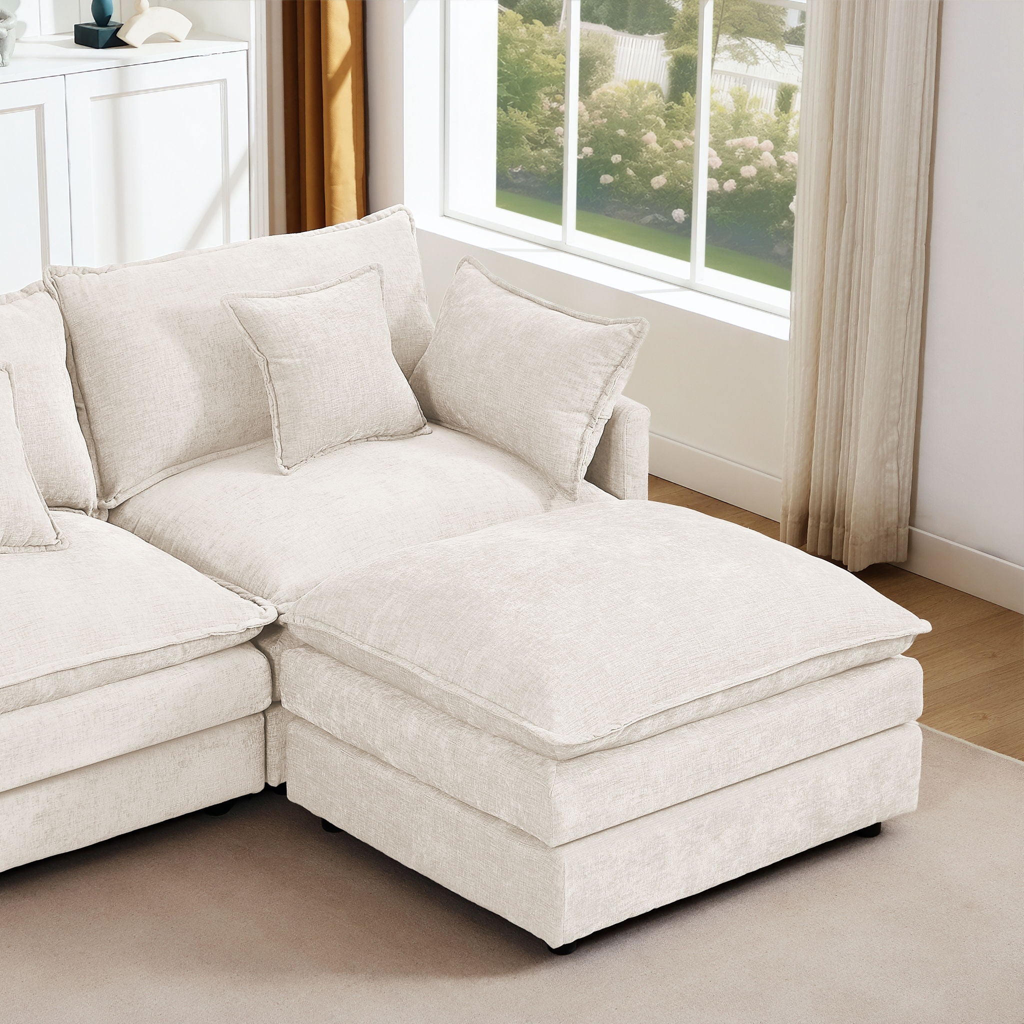 Modular Sectional Sofa Set With Movable Ottoman - Beige