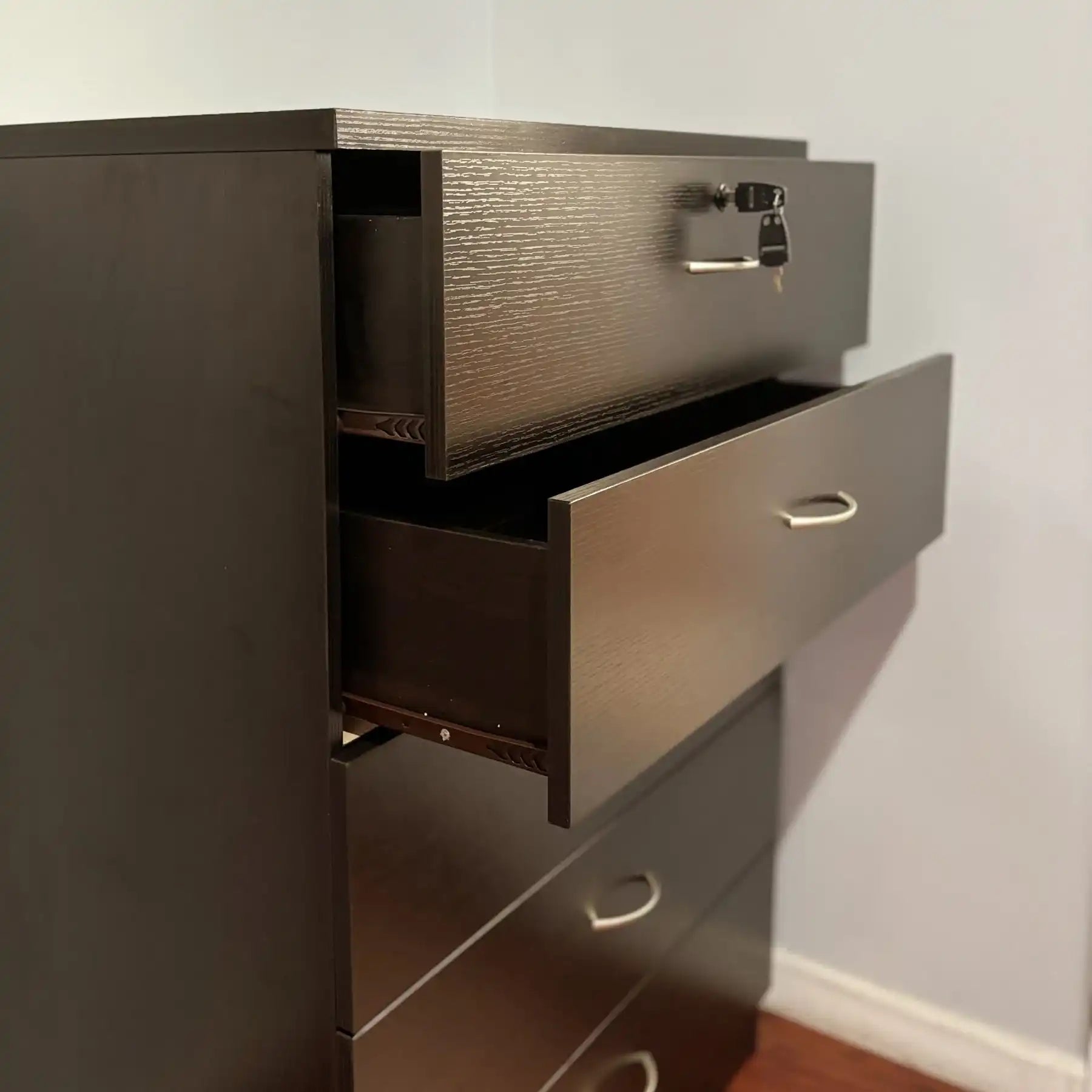 5 Drawer Chest Metal Handles Locking Top Drawer Metal Glide Rails Melamine Laminate