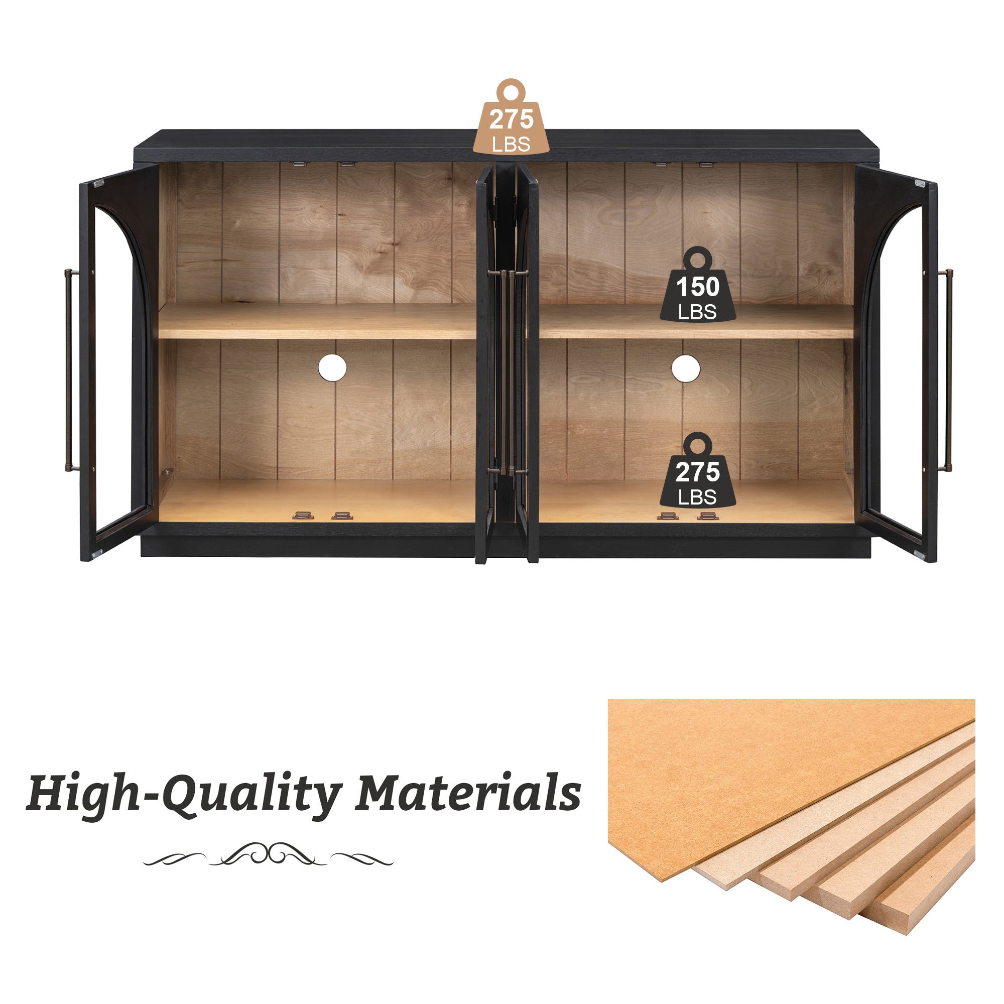 4-Door Large Storage Sideboard Buffet Cabinet with Glass Doors Arched Cabinet (Black)