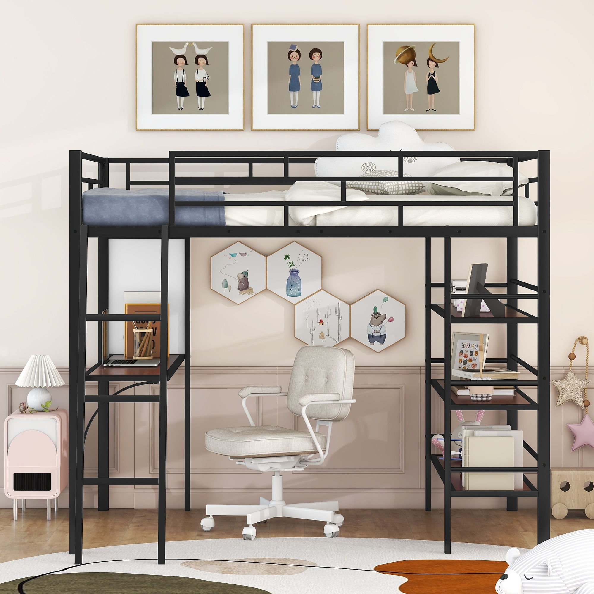 Bed With 3 Layers Of Shelves And Desk, Stylish Frame Bed