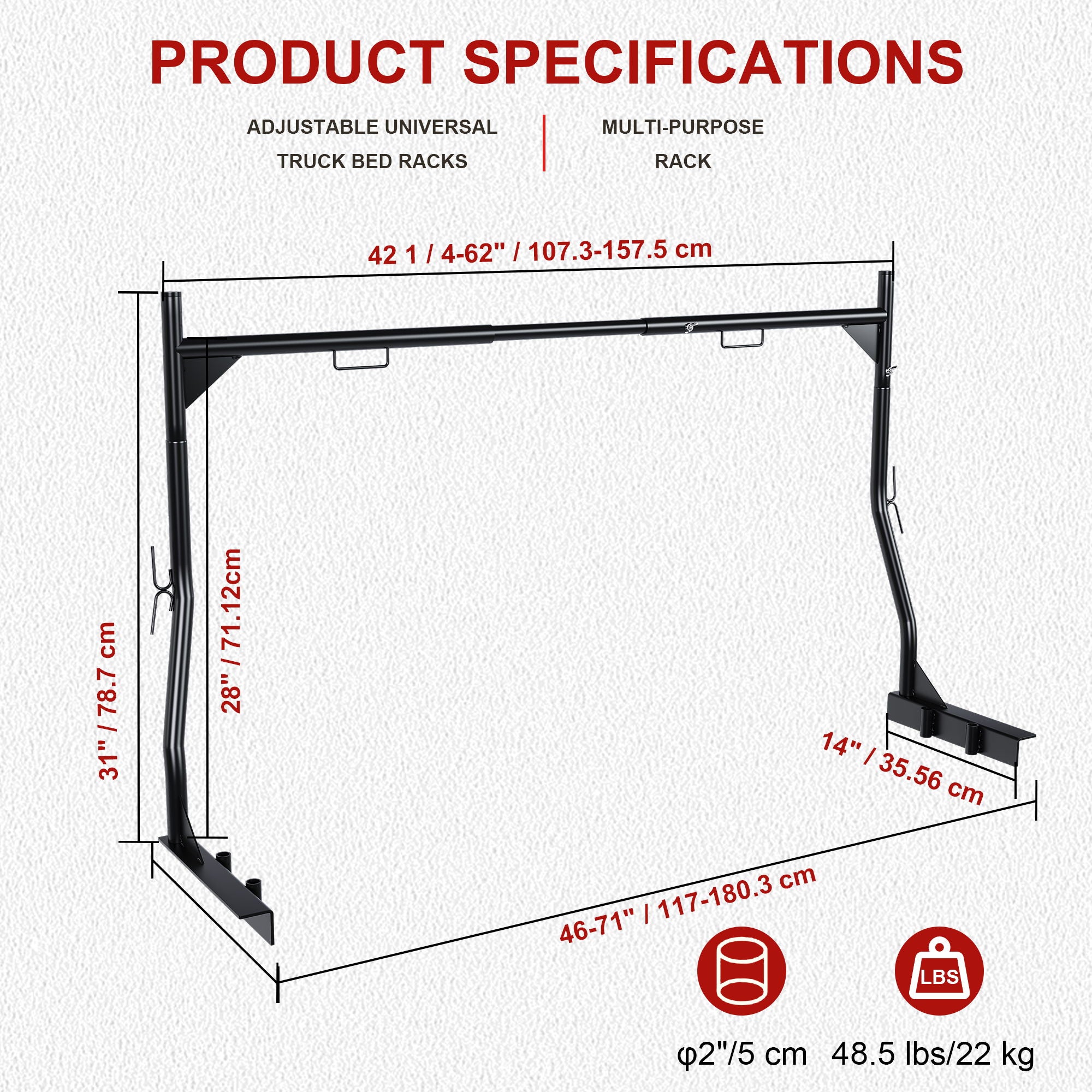 Heavy Duty Universal Truck Bed Ladder Rack, No-Drill Installation, Adjustable - Black