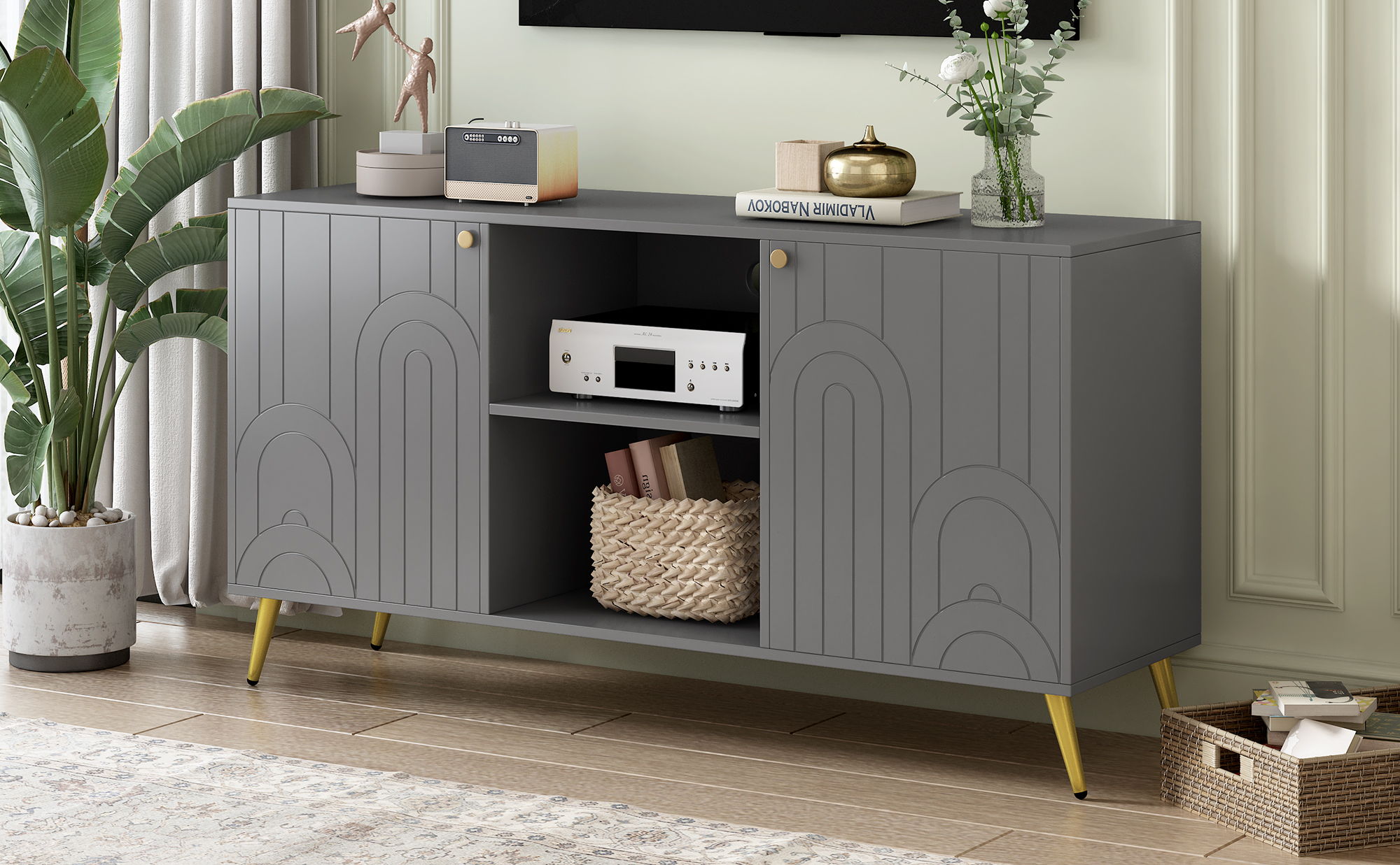 Modern TV Stand With Adjustable Shelf, Handles And Anti-Tip Device