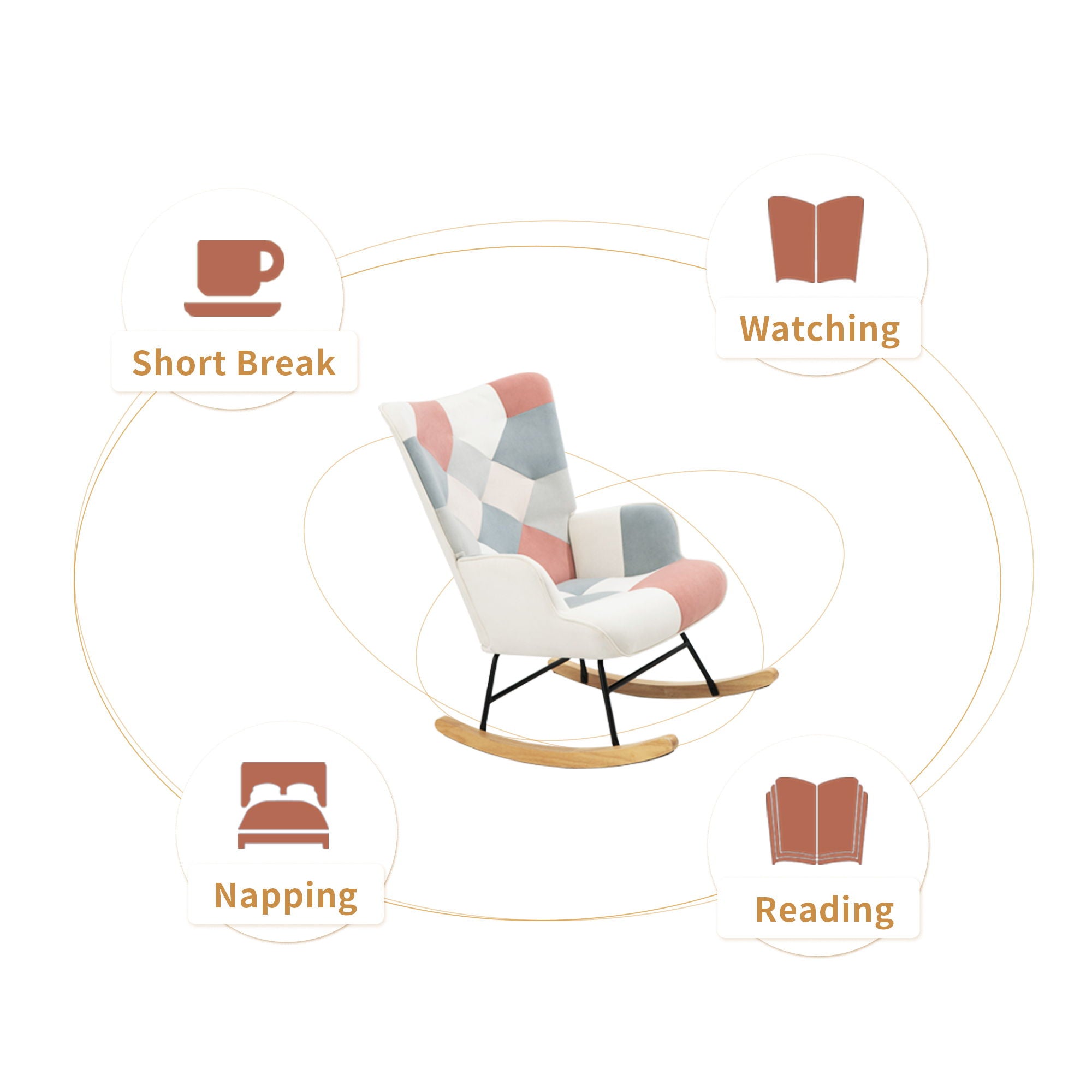 Mid Century Rocking Chair With Ottoman Patchwork Linen Wood Legs Design Living Room And Bedroom - Colorful