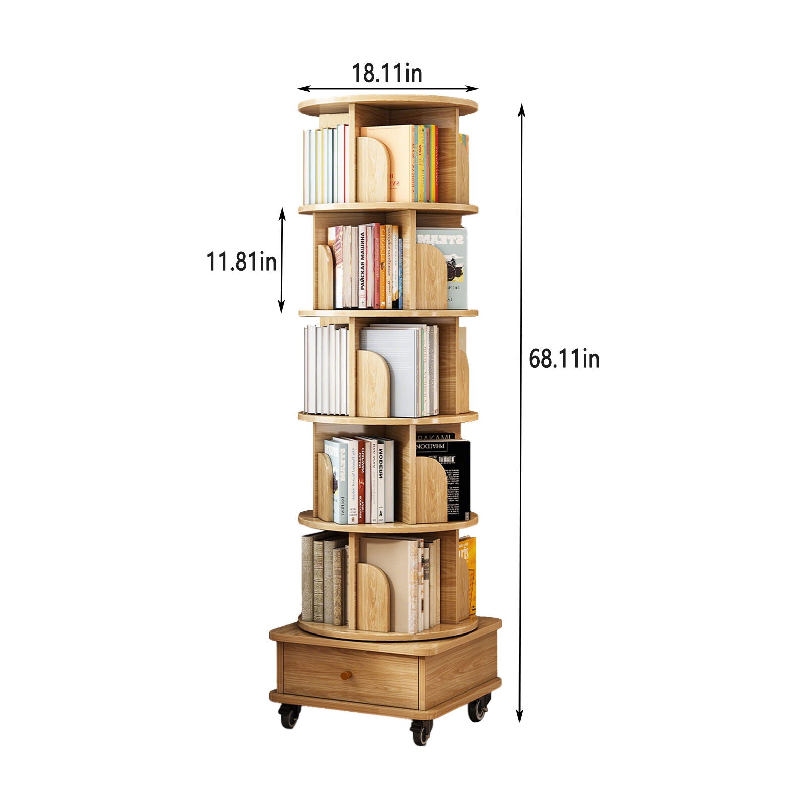 6 Tier Rotating Bookshelf With Wheels And Drawer, 360° Spinning Design, Space Saving Storage, For Home - Wood - Best Buy Furniture