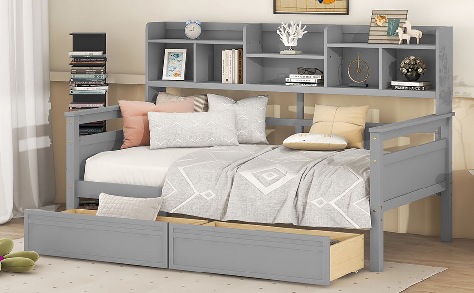 Daybed, Slat Support, With Bedside Shelves And 2 Drawers