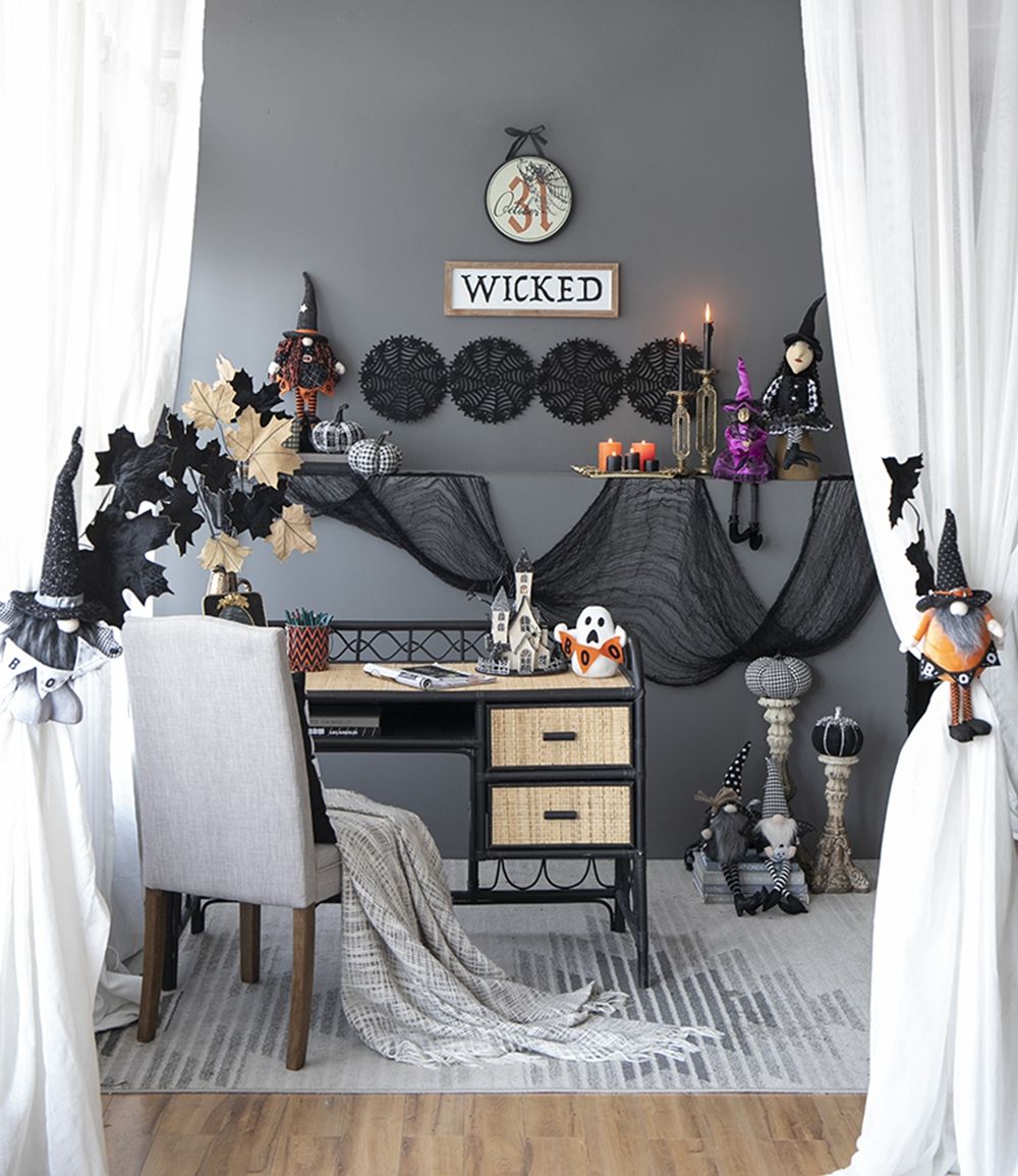 Standing Gnome With Banner & Spring Body, For Halloween Decor - Black / Orange / White