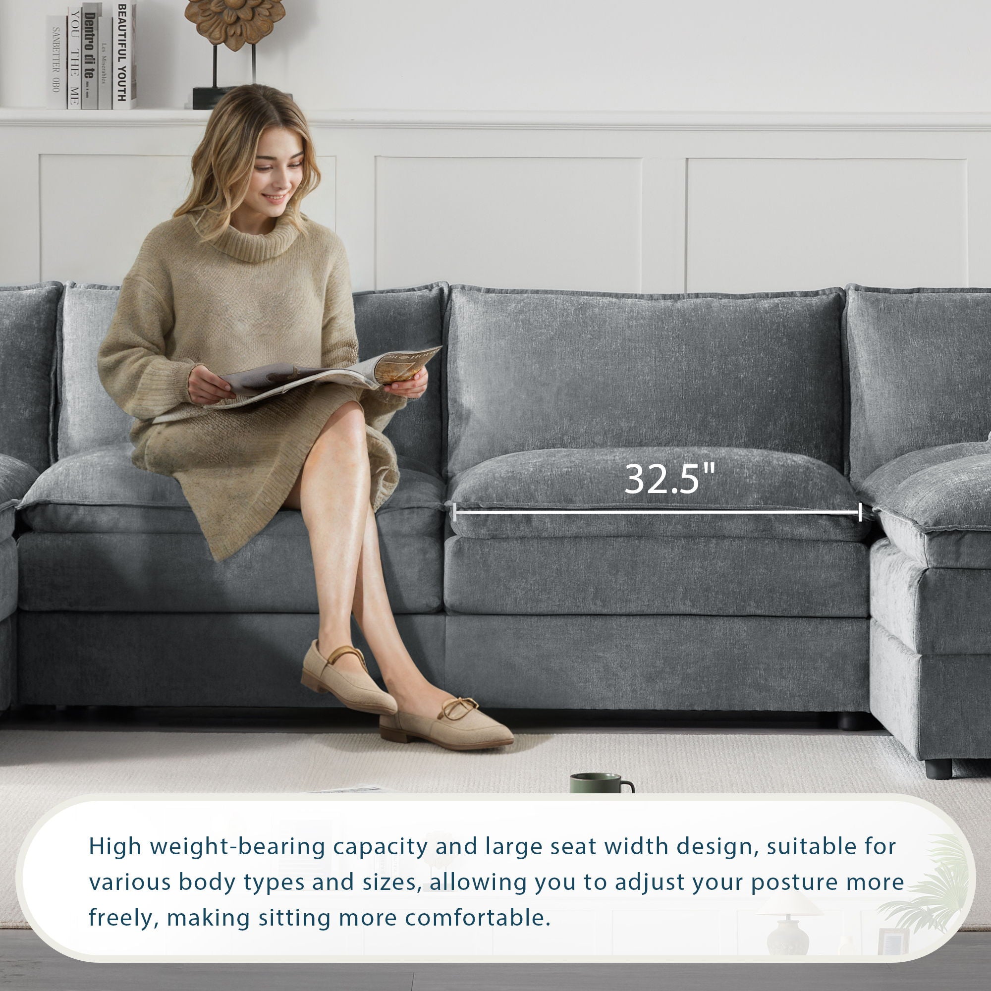 Modular Sectional With Deep And Wide Seat, Cloud Couch Set With Double Cushions Sofa With Movable Ottoman