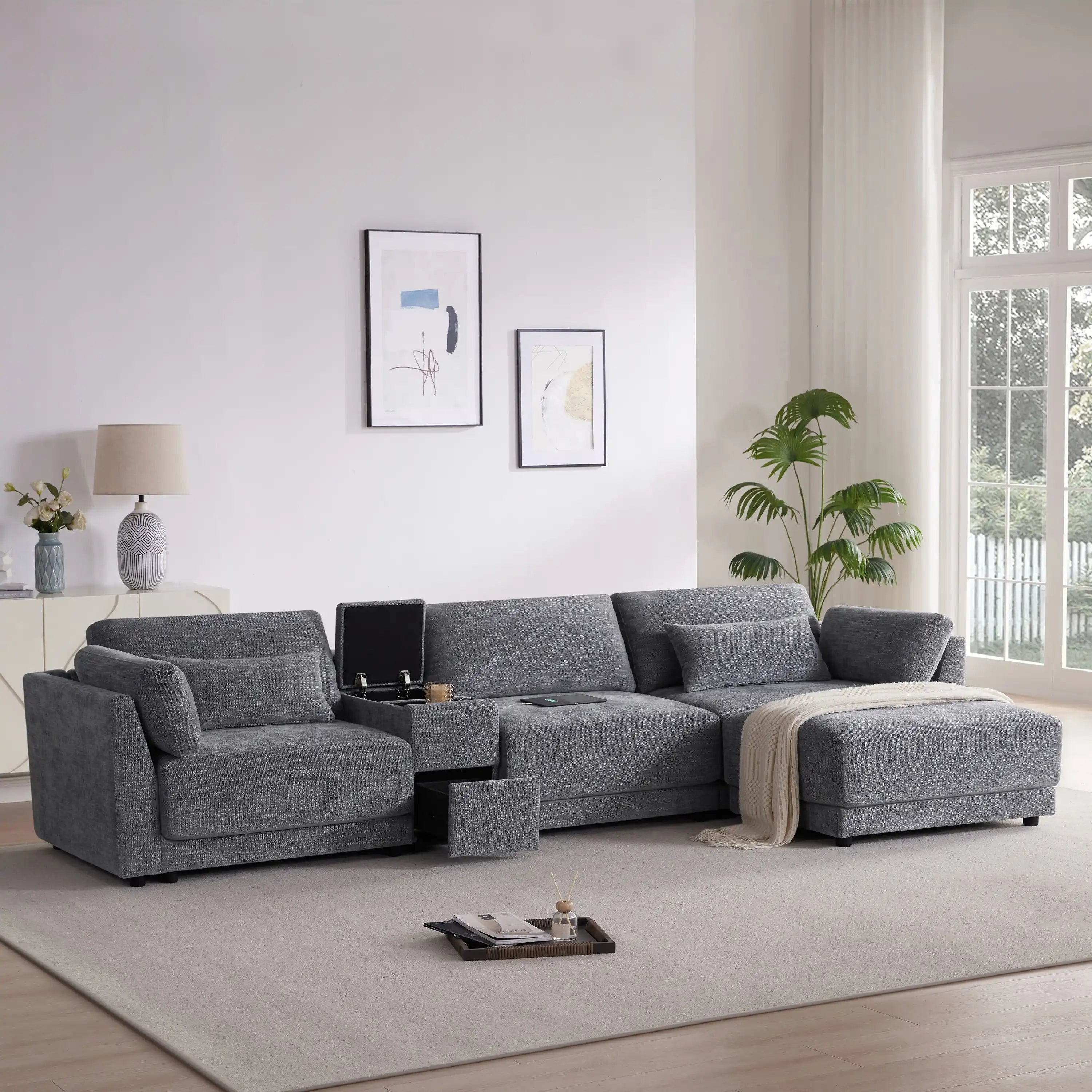 124" Modular L-Shaped Sectional Sofa with Storage, Chenille, USB Charger