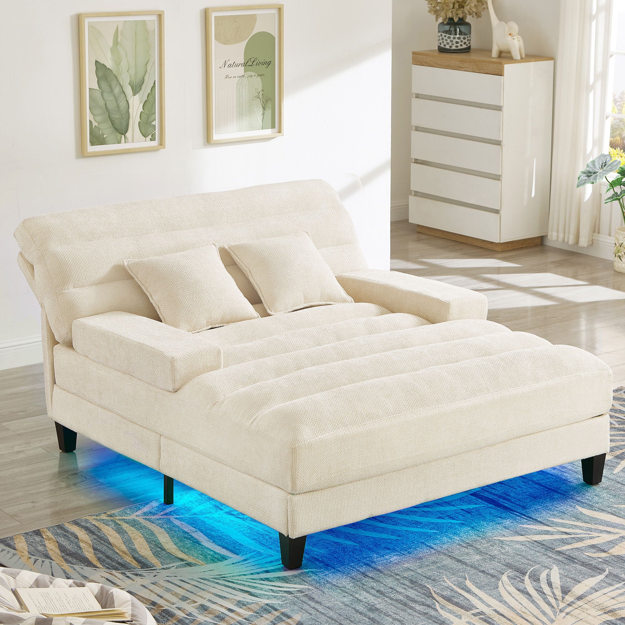 Chaise Bed Lounge Sofa Chair With Adjustable Backrest And LED Light Strip