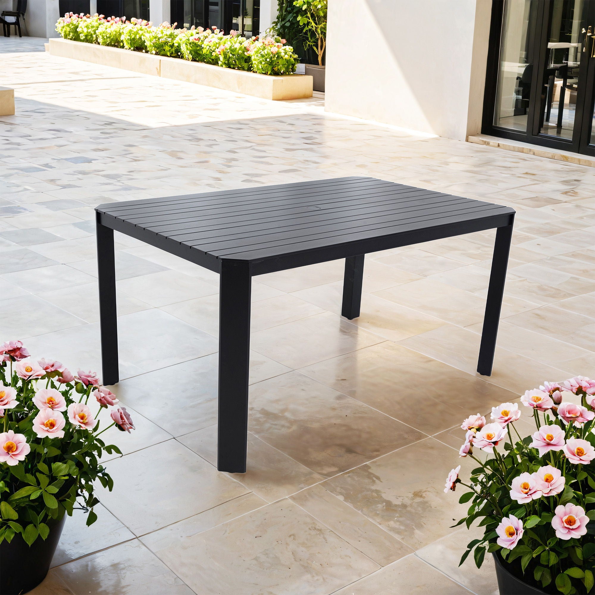 Modern Outdoor Table With Alternating Wide And Narrow Slats, Angled Corners, 2" Big Umbrella Hole, And Adjustable Non Slip Pads - Bourbon Brown