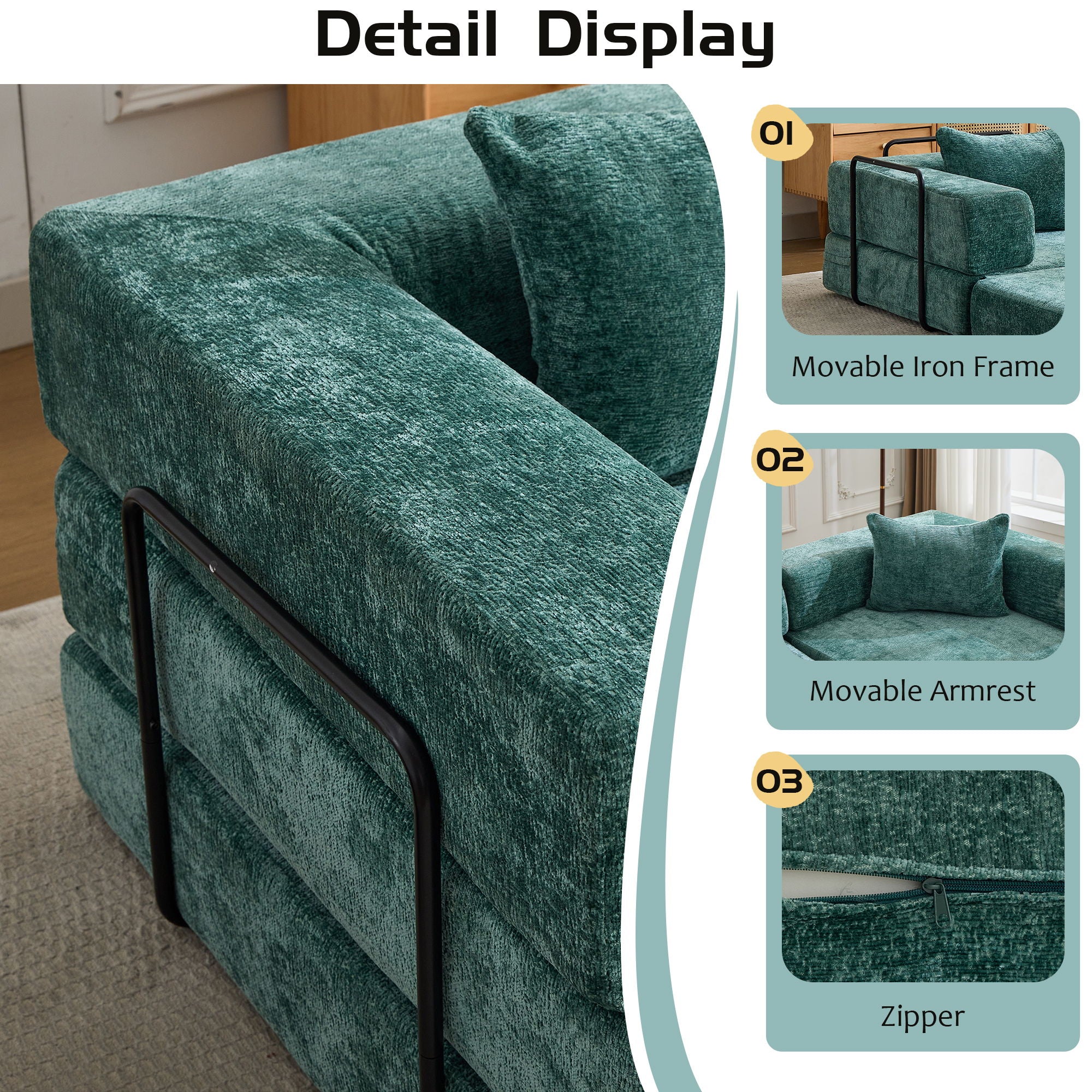 Convertible Floor Sofa Bed With Fixed Shape Frame, Loveseats Boneless Modular Sectional, For Living Room - Dark Green