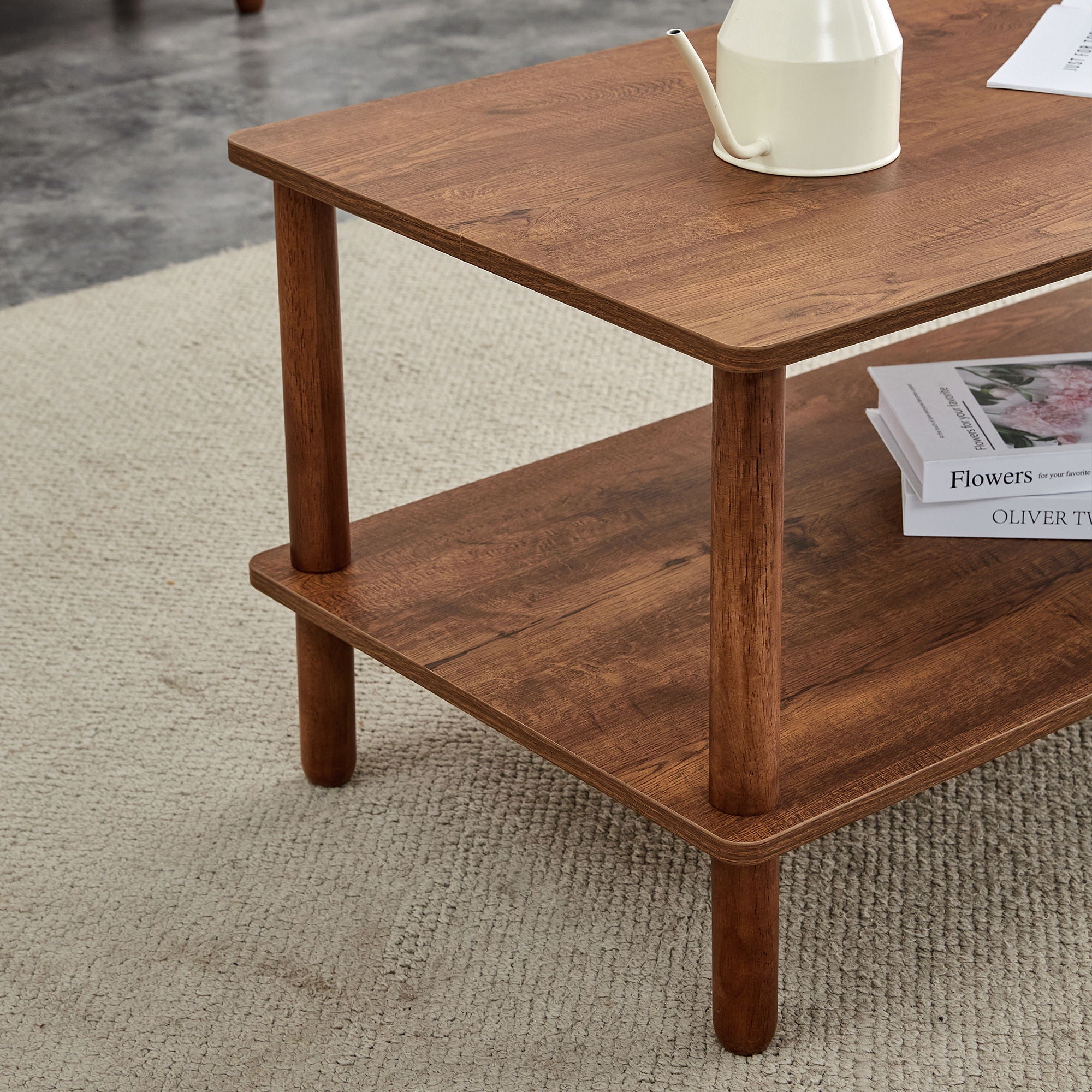 Modern 2 Tier, Rectangular Center Coffee Table With Open Storage Shelf, Rounded Legs
