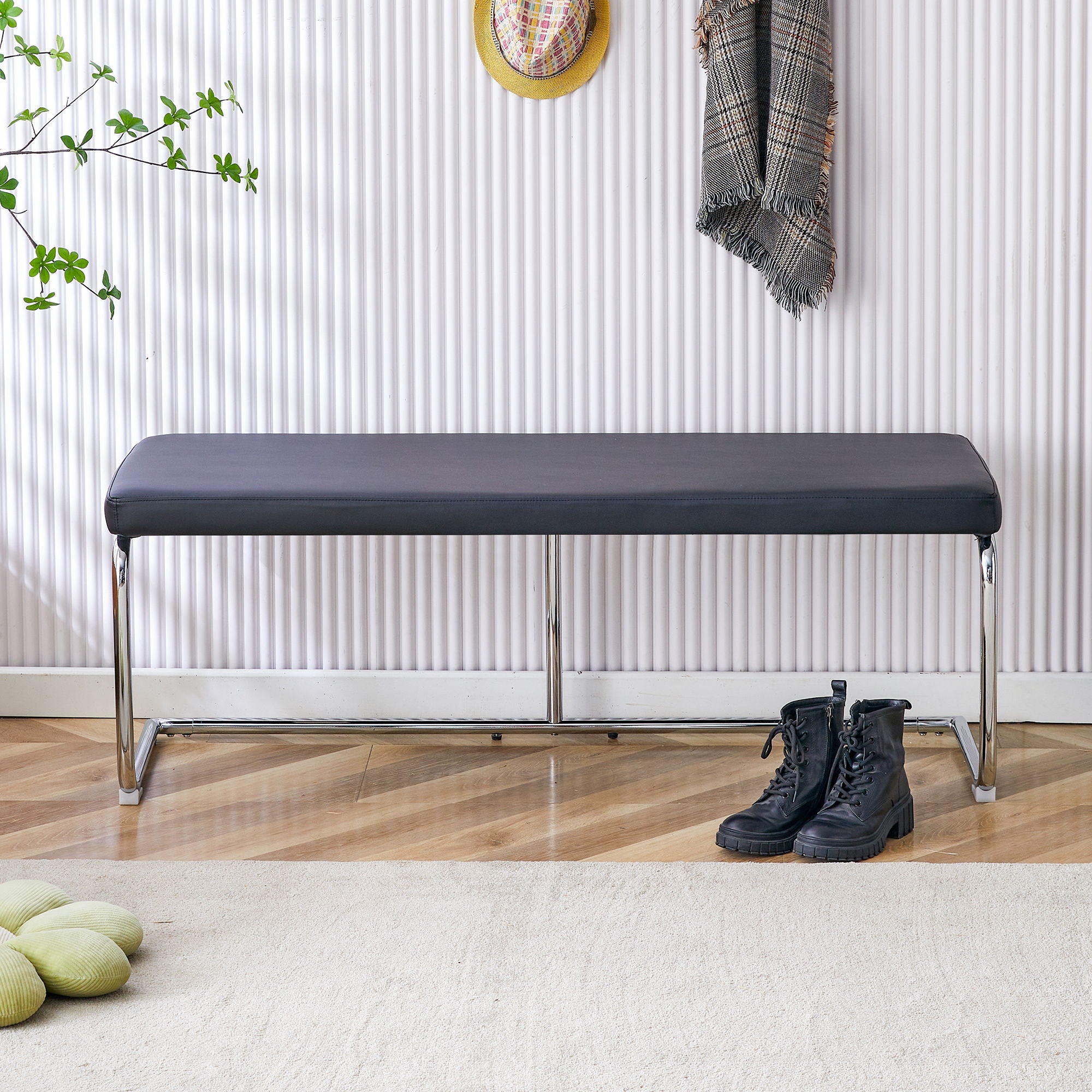 Shoe Changing Bench With Silver Metal Legs For Versatile Use - Black