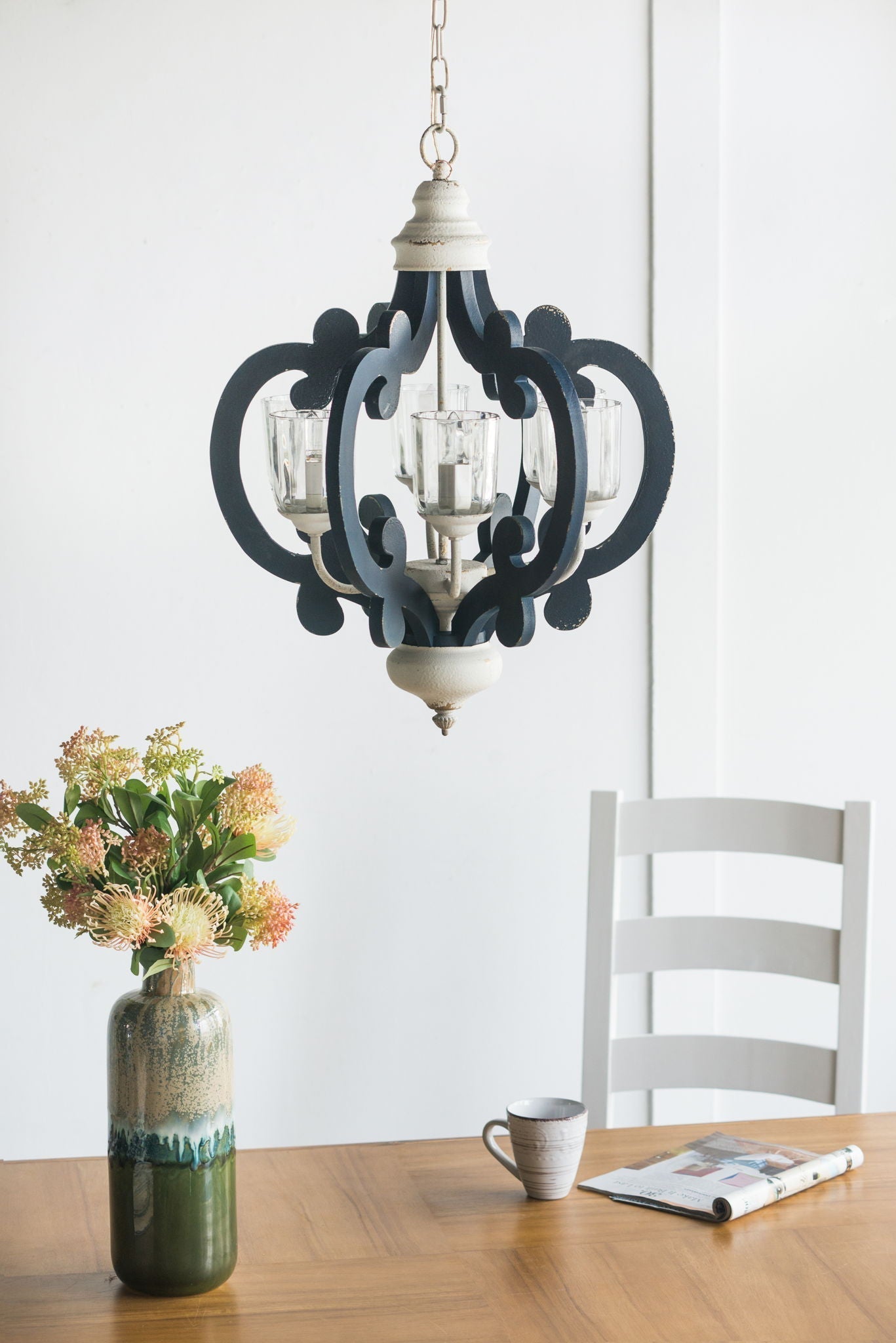 Wood Chandelier 6 Light Farmhouse Pendant Lighting Cream