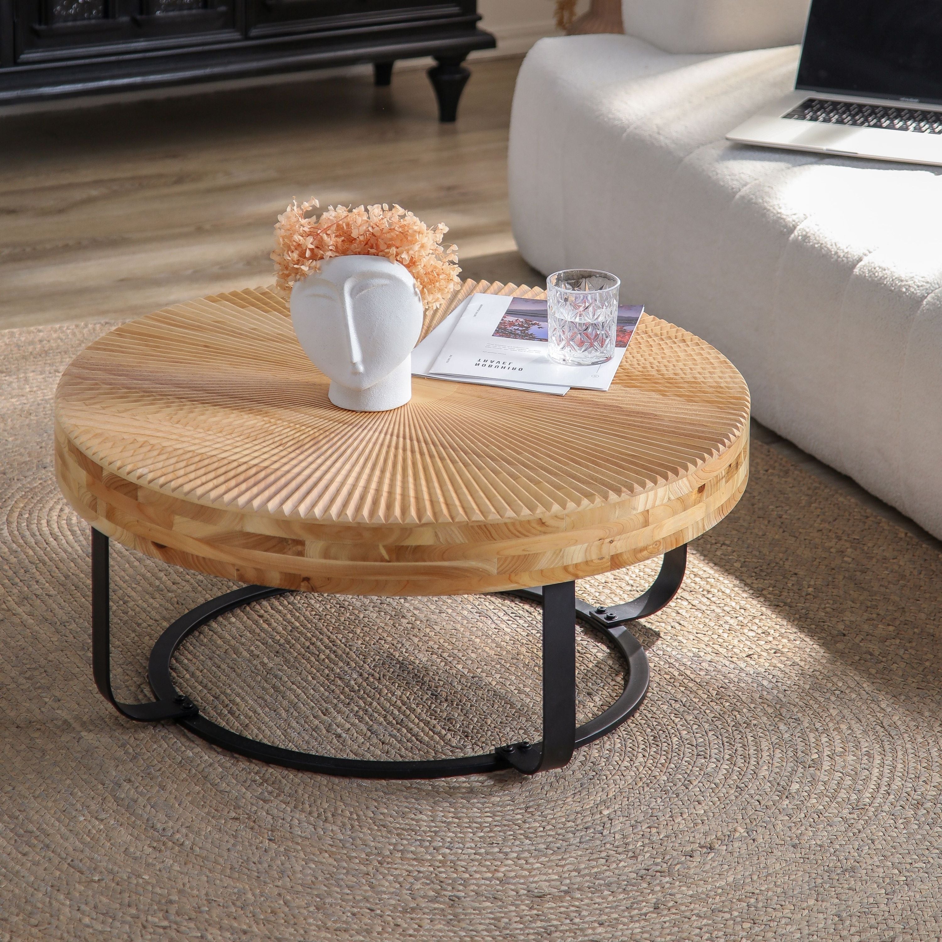 Modern Round Coffee Table with Wooden Carving Pattern and Metal Legs