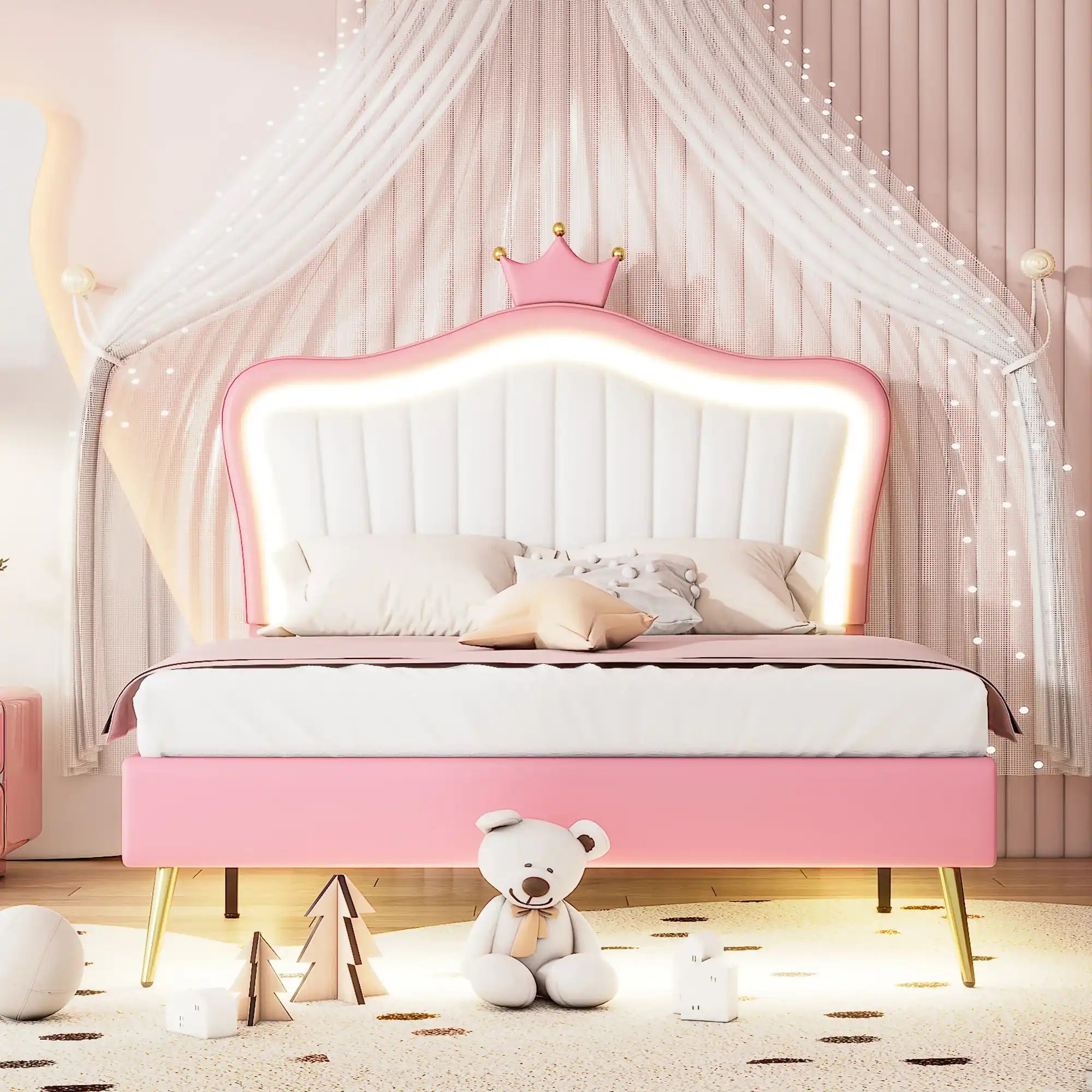 Princess Crown Full Size Upholstered Bed Frame with LED Lights