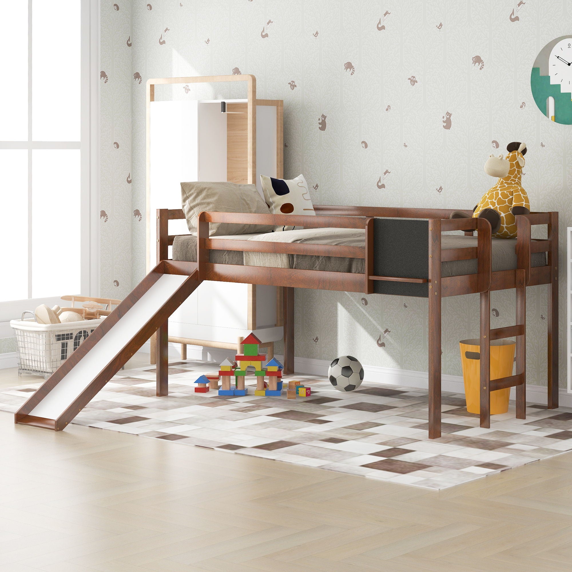 Loft Bed With Slide, Stair And Chalkboard