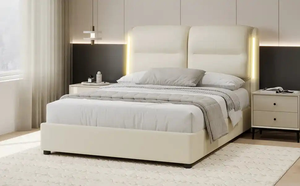 Upholstered Queen Size Hydraulic Platform Bed with Lift Up Storage and Sensor LED Lights - Best Buy Furniture