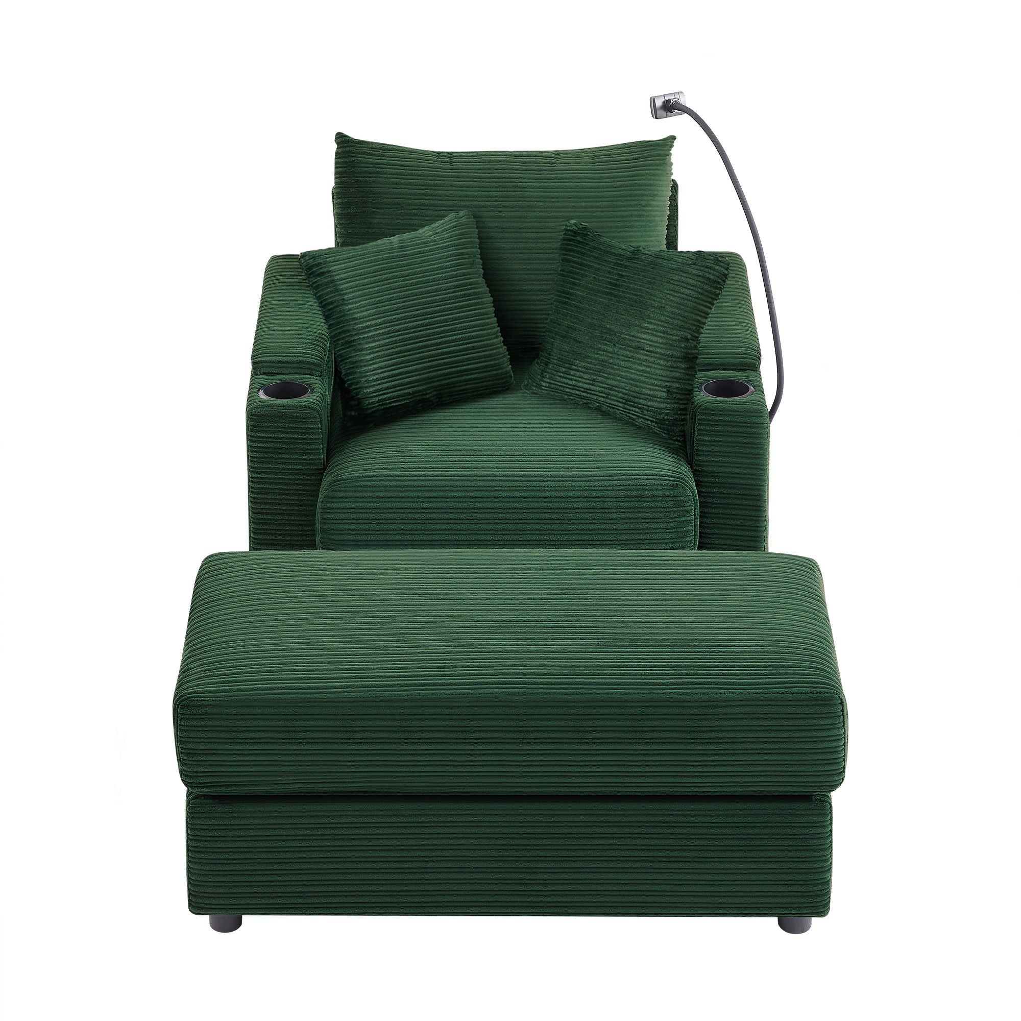 Single Sofa Couch With Storage Space, Movable Ottoman, USB Ports, Cup Holders, Phone Holder