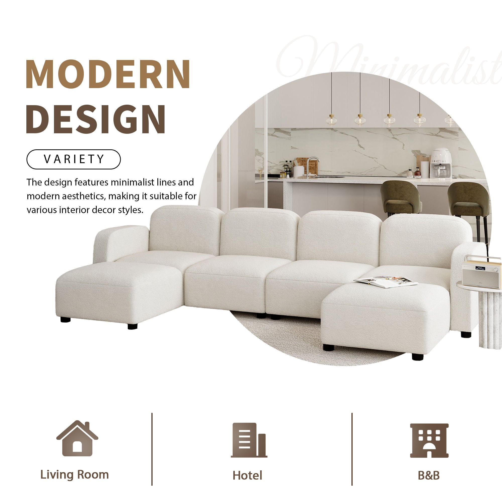 Velvet Modular Sectional Sofa, U Shaped Reversible Couch Set, Free Combination, 6 Seat Sleeper Cloud Sofa Bed With Ottoman, Convertible Oversized Indoor Furniture Pieces - Beige